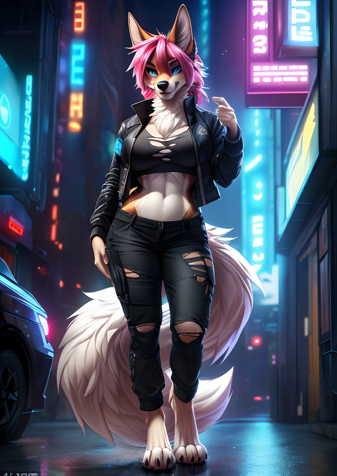 uploaded on e621, (by Wildering, by fluff-kevlar, by aycee), solo, neck tuft, hip tuft, leg tuft, big tail, fluffy tail, green eyes)), (((fur colors of blue and white))), (full body portrait), (masterpiece), (best quality), (anthro furry:1.3, snout:1.2, anthro:1.3, furry:1.2, solo female:1.2), (thick figure, curvy figure), (wide hips), (extremely thick thighs), (huge breasts, perky breasts), sexy pose, suggestive pose), (((canine))) BREAK (((sexy cyberpunk outfit, cropped unzipped jacket with small top, cropped tactical pants that are torn and patched, digitigrade feet))), (Long blue hair), (cyberpunk city background at night, depth of field, neon lights, ambient light on the body), (intricate:0.7), (high detail:1.3), (unreal engine:1.3), (sharp focus:1.15), [explicit content, questionable content], (masterpiece, best quality, 4k, 2k, shaded, absurd res), krystal