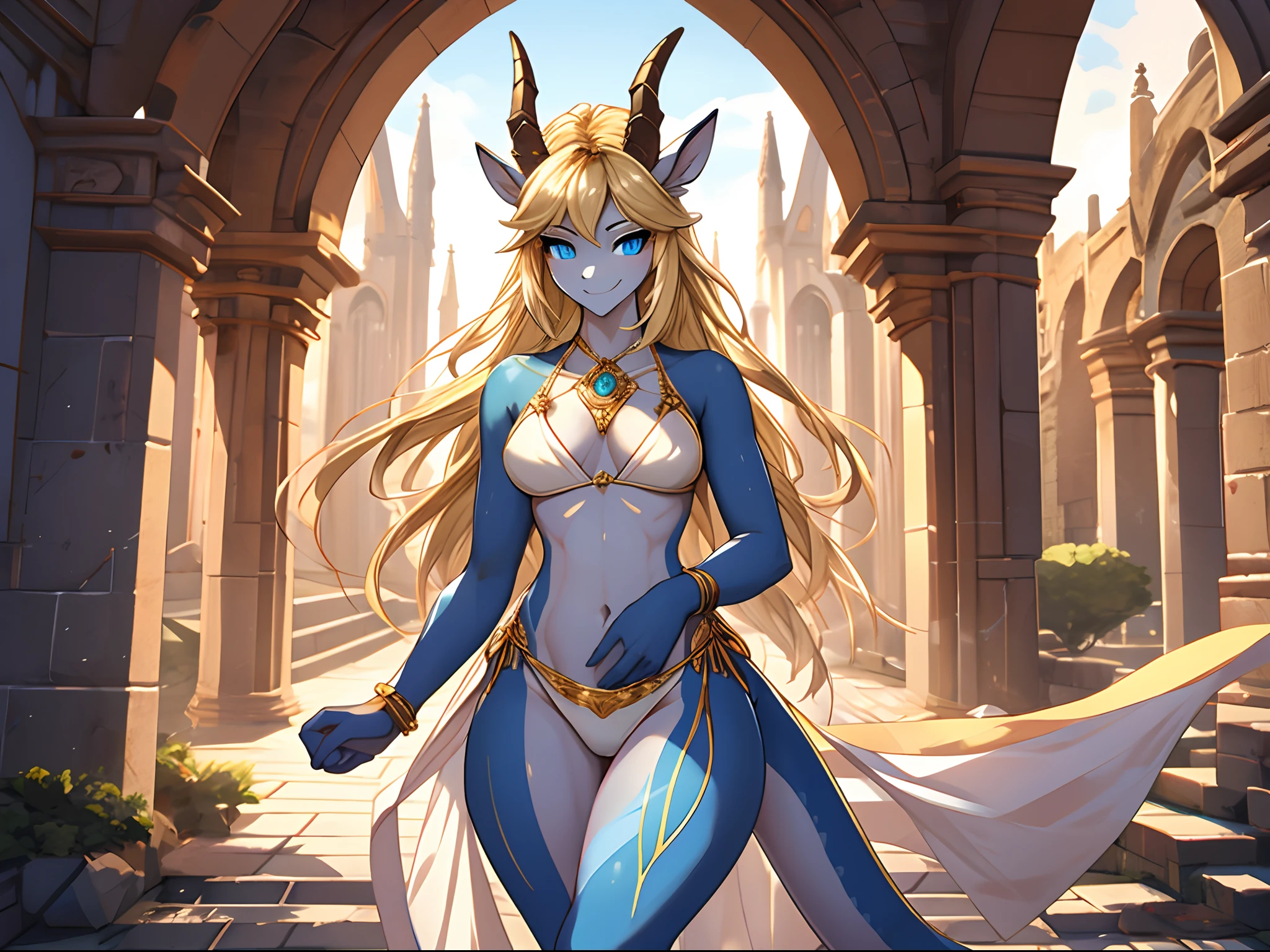 Anthropromorphic dragon female with an hourglass figure with very wide hips and thick soft thighs and a round bubble butt, slim waist with a toned belly, slender neck and arms, silver scales with glowing white highlights, highly detailed face, bright blushing smile, gazelle horns, bright blue eyes, blonde hair, white silk bikini, standing in a stone brick cathedral, delicate golden jewelery, arms held behind back