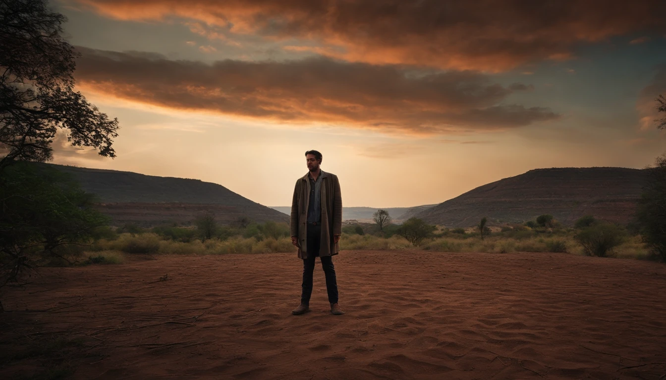 a man standing in the centre of an unused area, all the land in the area is digged deeply making it shallow, low angle, interesting sky