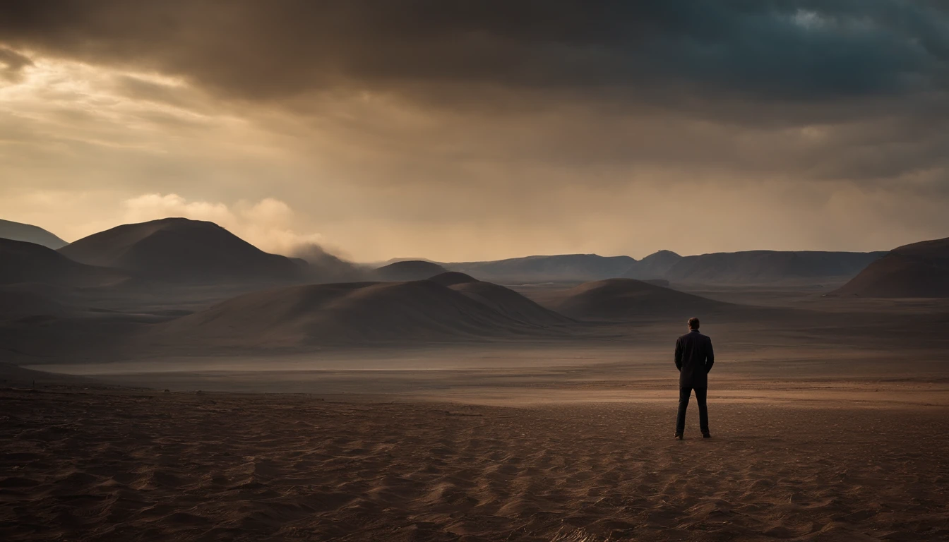 a man standing in the centre of an unused area, all the land in the area is digged deeply making it shallow, low angle, interesting sky