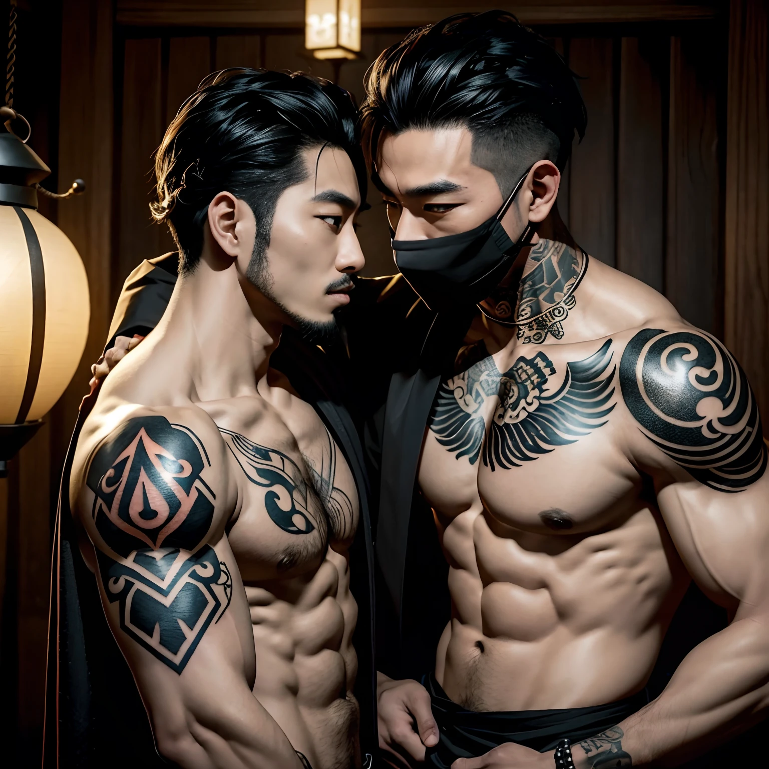Two oriental men, Boyfriend, In the fun, roleplaying, One plays a sexy bandit,male people, A mask(black in color), Kiss, Oriental lanterns, body defined, Beautiful, Oriental, Realistic, Cinematic, High quality, 16k, Best quality, High details, Super detail, Tattoos,