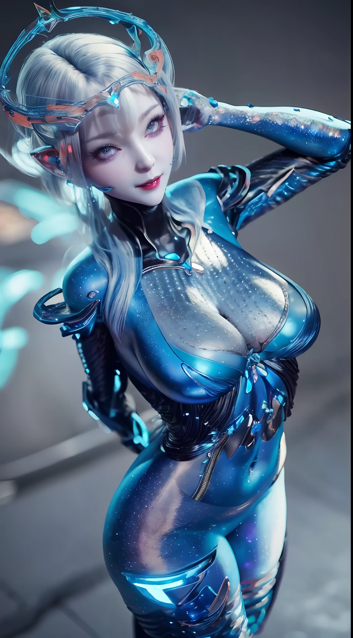 "1 beautiful girl in traditional dress, ((wearing tight blue shiny suit:1.2)), magical glowing suit, beautiful cleavage, long hair with bangs, light blue mixed with white, ((most beautiful and detailed hair jewelry:1.8)), Super cute little face Extremely beautiful face, On its head are two beautiful galactic blue horns, thin eyebrows, the most beautiful and flawless face, ((black eye pupil:0.8)), very beautiful eyes, ((silver brown eyes:1)), eyeshadow makeup is steamy and extremely seductive, hairy beautiful and detailed makeup eyelashes, slim, well-proportioned limbs, high nose, earrings,thin lips, light red lips, ban on laughing, beautiful lips, slender arms, The most beautiful thighs, healthy limbs, rosy face, clean face, beautiful face without blemishes, smooth white skin, ((both breasts are very round and big: 1.6)), ((put the girl's arms behind her back:1.5)), full body of a beautiful girl, 8k photo, super high quality, super realistic, 10x super pixels, actual photo, dark studio, border light, two-tone lighting color, (high detail skin: 1.2), 8k ultra, soft light, high quality, volumetric light, candid, Photo, high resolution, light, best photo, 4k quality, 8k, bokeh, Smooth and sharp, 10x pixelated, (galaxy space background: 1.7), aurora, lightning, super graphics, most realistic graphics, alone, solo, ((frontal portrait:1.6)), Extremely sharp, surreal image."