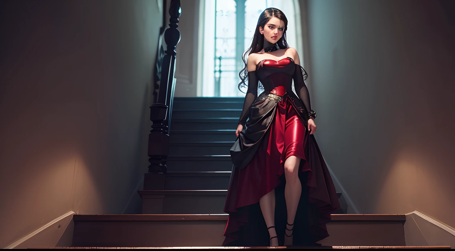 dominant girl, up stairs, dark, dominatrix, sadistic, red dress, standing up
