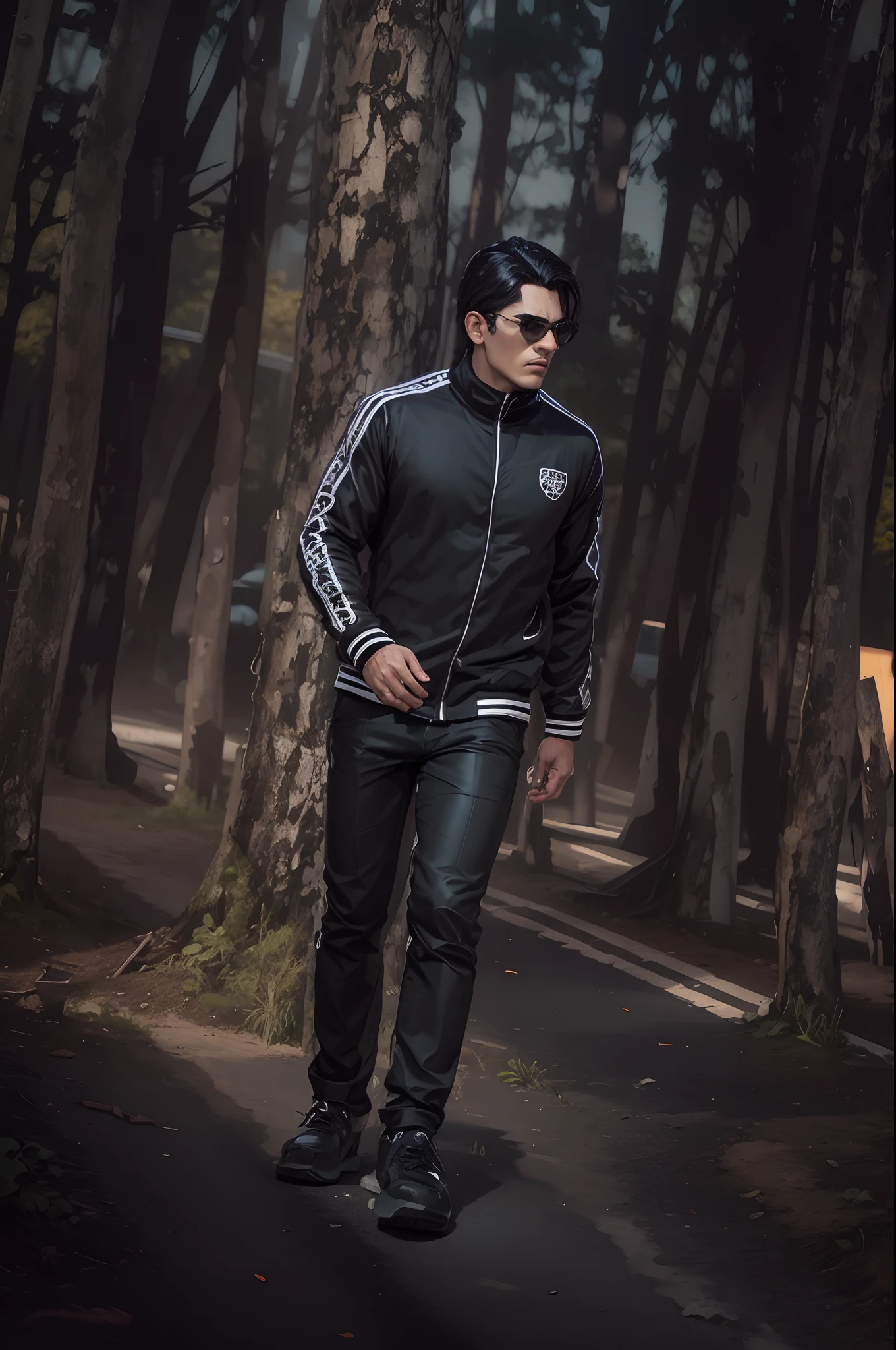 serious dark man, sideways, black hair in black clothes