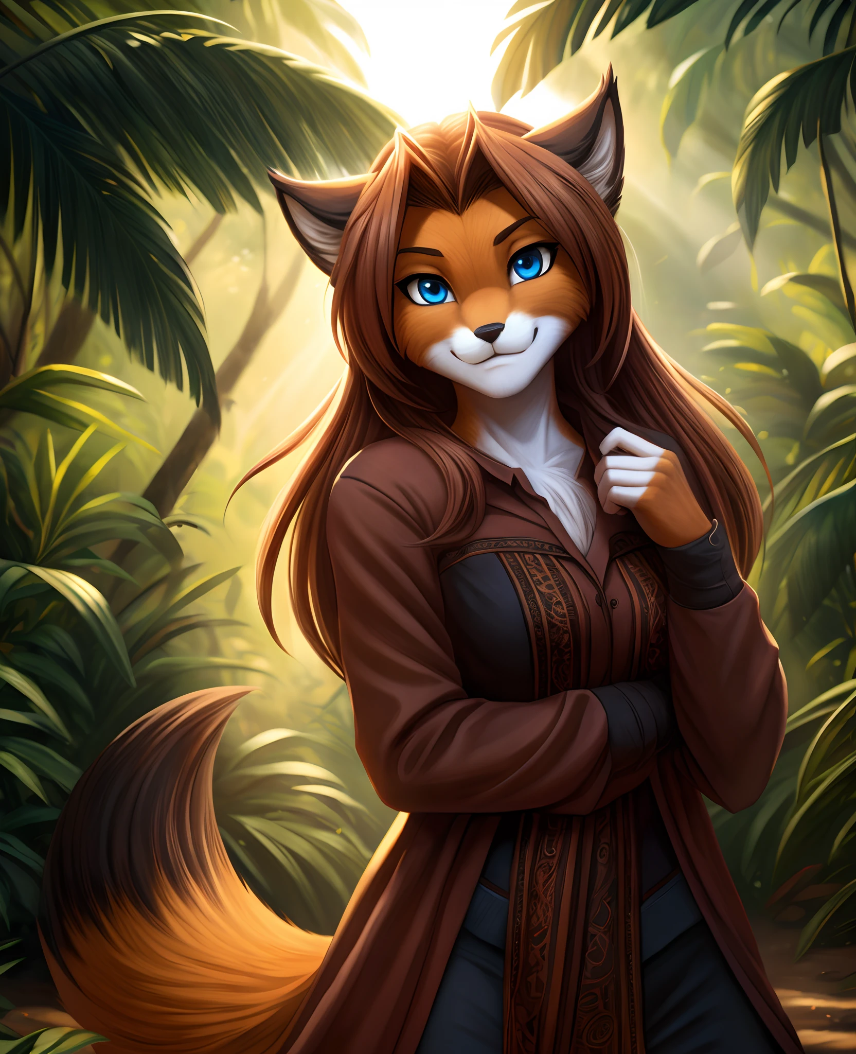 Laura, Keidran, twokinds, by tom_fischbach,, (best quality, masterpiece:1), solo, furry female anthro, blue eyes, long hair, reddish brown hair, portrait, fingers, finger claws, looking at viewer, fox tail,,, absurdres, highres, 1girl, furry, brown hair, cowboy shot, detailed face and eyes, standing, from below, tail, smug, jungle,,, BREAK, (cinematic lighting), ((detailed background)), ((depth of field)), (half body shadow), ((sunlight)), BREAK, ((intricate, high detail, film photography, sharp focus, RAW candid cinema, realistic, photorealistic, analog style, subsurface scattering, masterpiece, best quality, ultra realistic, 8k)