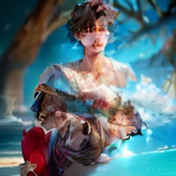 Jungkook with a rose in his hand. Smiling. Light brown hair. Blue eyes. Fit body. Apollada in an almond blossom. Hyper-detailed, high quality, photorealistic, 8k