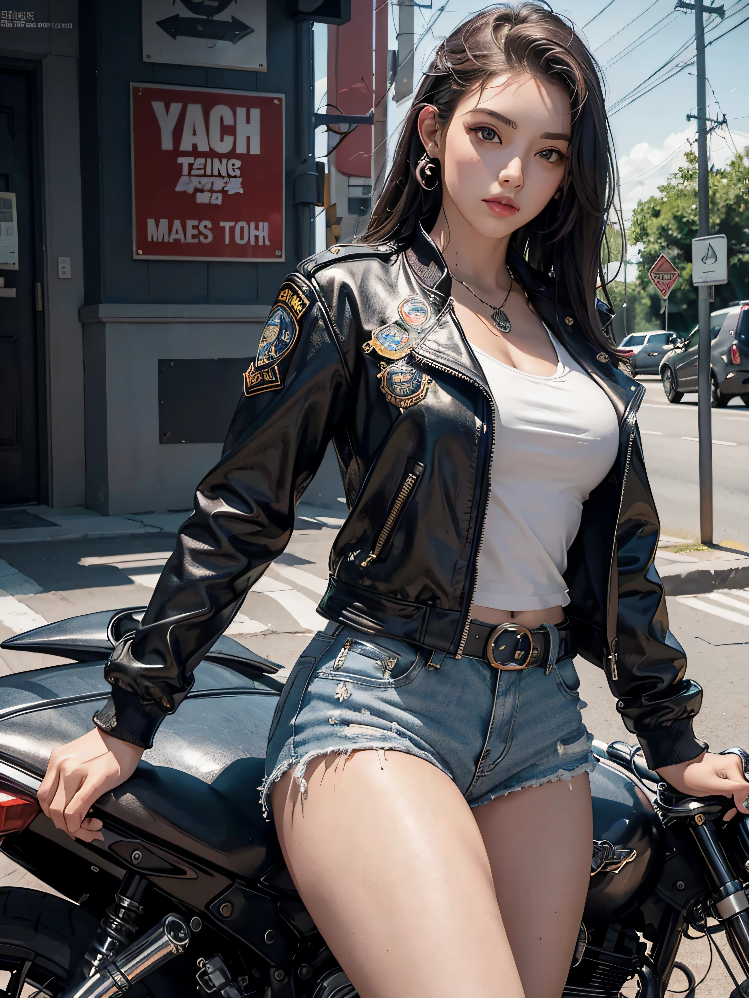 1girl in, attractive beautiful、focus on hips、Cool pose、Looking at the camera、Rider jacket| (metal decoration、Large badge on the back), Shorts that are too short │ leather、Expose your feet、Rider boots、American Highway、masutepiece、top-quality、Reflected mirror、profesional lighting、Motorcycle magazine cover style photo