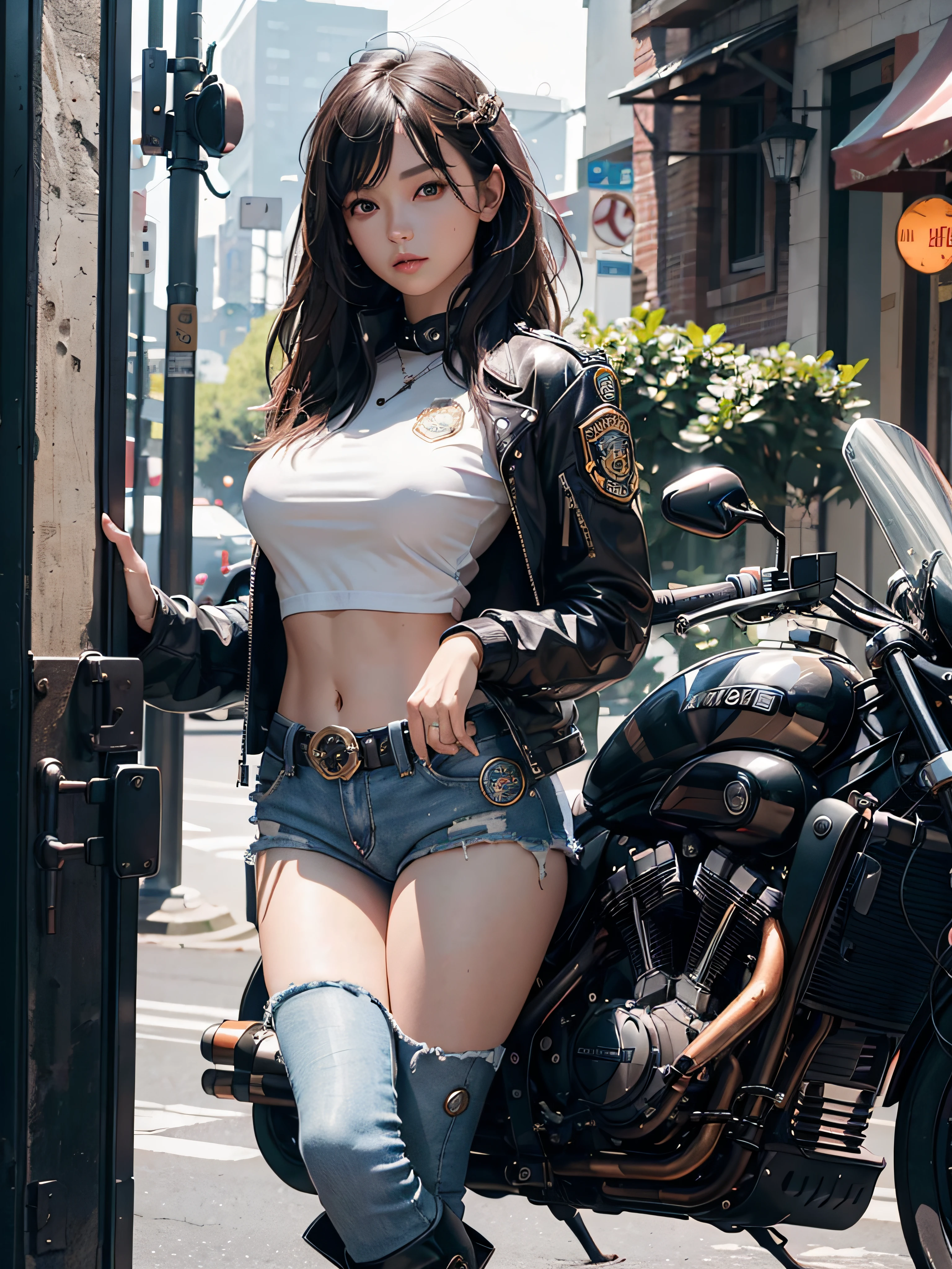 1girl in, attractive beautiful、focus on hips、Cool pose、Looking at the camera、Rider jacket| (metal decoration、Large badge on the back), Shorts that are too short │ leather、Expose your feet、Rider boots、American Highway、masutepiece、top-quality、Reflected mirror、profesional lighting、Motorcycle magazine cover style photo
