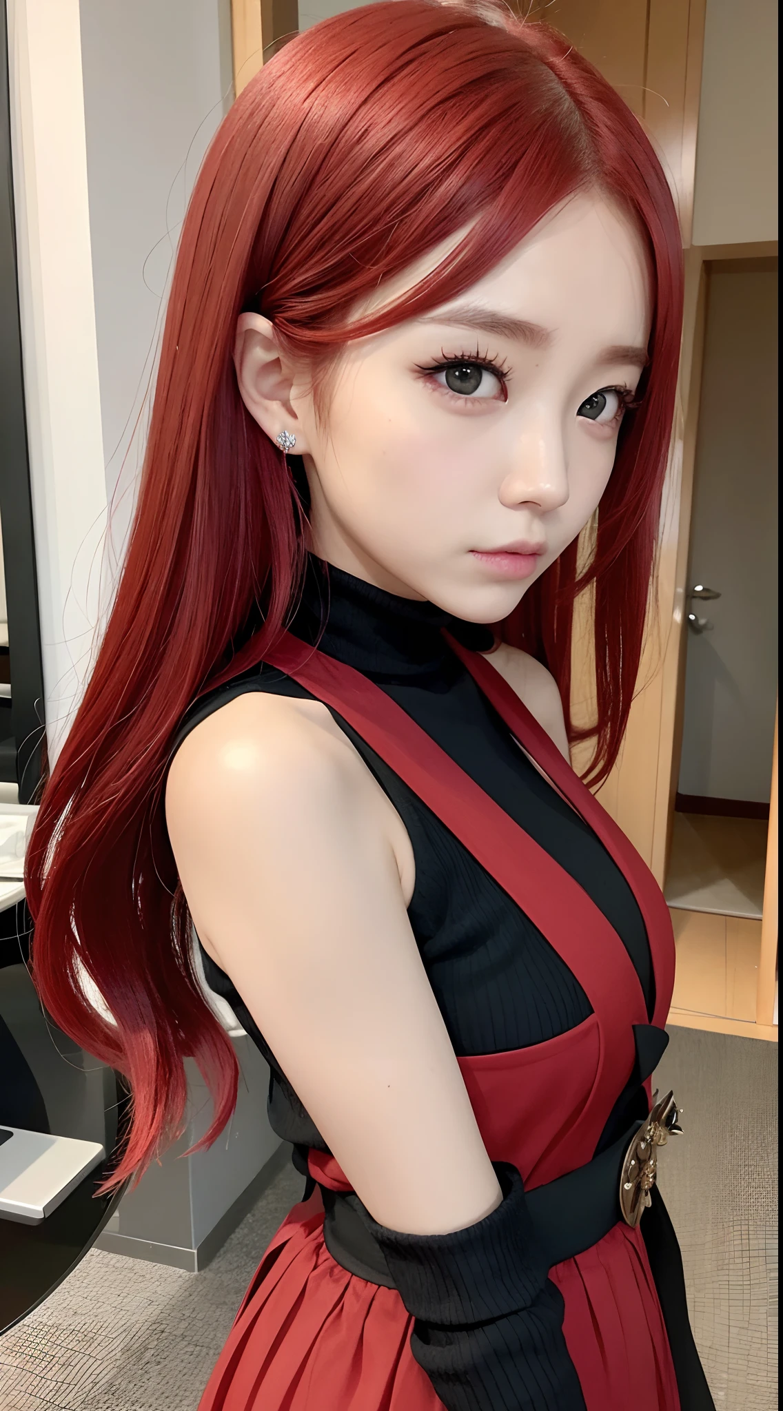 She is a dragon tribe、Red hair and eyes、