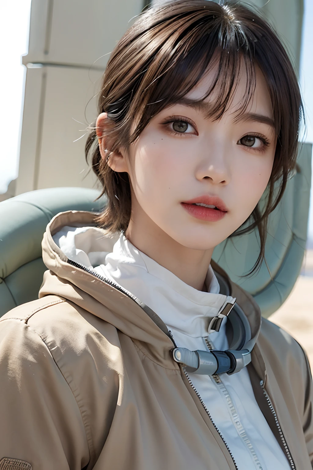 top-quality、masterpiece、超A high resolution、(realisitic:1.4)、Beautuful Women1、Beautiful detail eyes and skin、ssmile、Light brown short-cut hair、The perfect spacesuit、Inside the spacecraft、Sand Planet、sandstorm、weak sunshine、