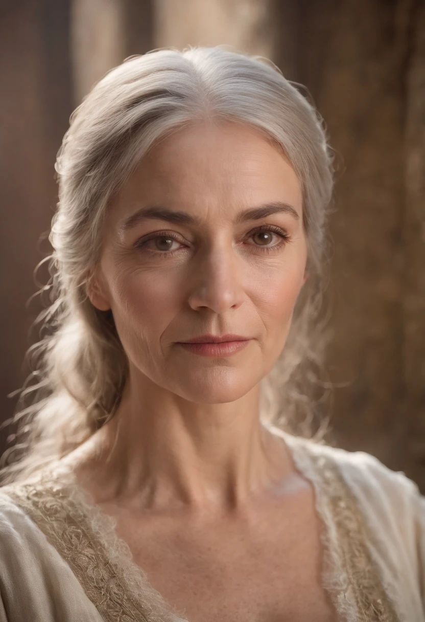 The complexion is wrinkled,A woman around 45 years old, whaite hair, Unique brown eyes, Candlelight in a medieval setting, super sharp focus, realistic lens, Medieval women's clothing, Four colors (Scar:1.4)