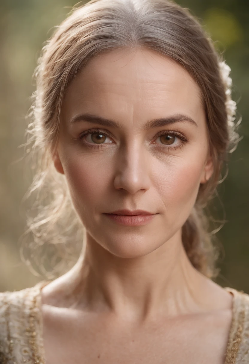 The complexion is wrinkled,A woman around 45 years old, whaite hair, Unique brown eyes, Candlelight in a medieval setting, super sharp focus, realistic lens, Medieval women's clothing, Four colors (Scar:1.4)