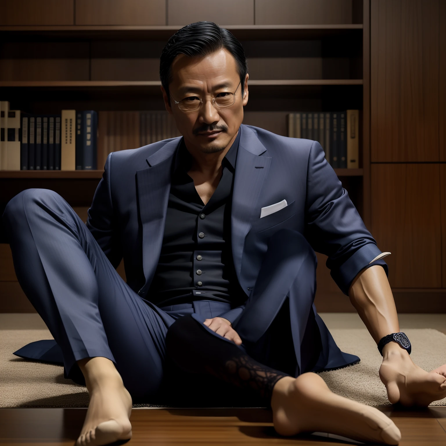 45 yers old,Hidetoshi Nakata ,(Kogoro Mouri 1.3),浴室,A muscular man sitting,leg wide open,Crotch contour,Wear lace lingerie,with mustache,tmasterpiece,k hd,the feet,Business suit,semi transparent,black long socks,The barefoot