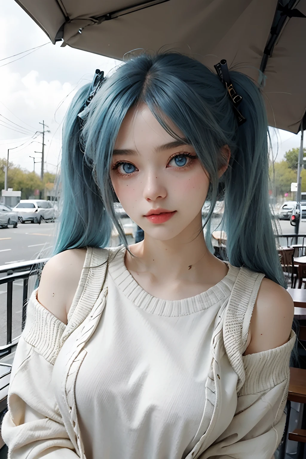 (1girll), 1sona , sona face, blue hair, blue eyes, ojos agudos, ojos rectos, gradient hair, twintails, hair ornament, Brittbeck cute 20 years very happy, wearing a sweater without shoulders, sexi body, big bobs, Retrato en primer plano, 2015 in an outdoor café, Luz de la tarde, add_detaild:1 teta enorme, senos, Conque, Hidrata la piel, piel sudorosa, camiseta punk, chica punk，senos grandes escote expuesto