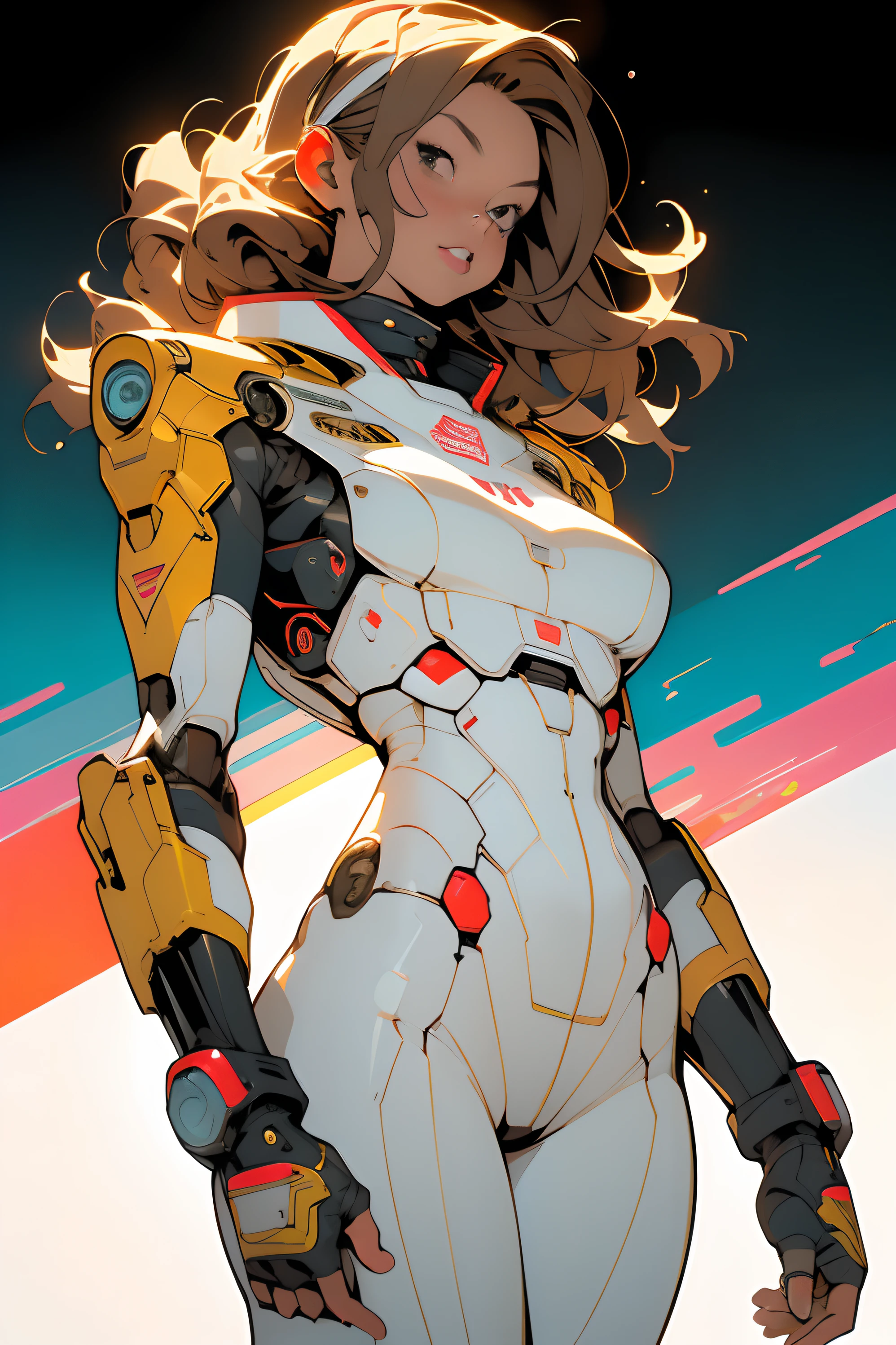 ((Best quality)), ((masterpiece)), (detailed: 1.4), (Absurd), (((full body)), (((woman))), 35-year-old woman, Beautiful thin woman, giant robot pilot, wild with perfect fit body, wearing little clothing, tiny thong, clothing with Japanese graphic patterns, halftone pattern and vertical stripes, yellow gold, coming out of the body of a giant robot