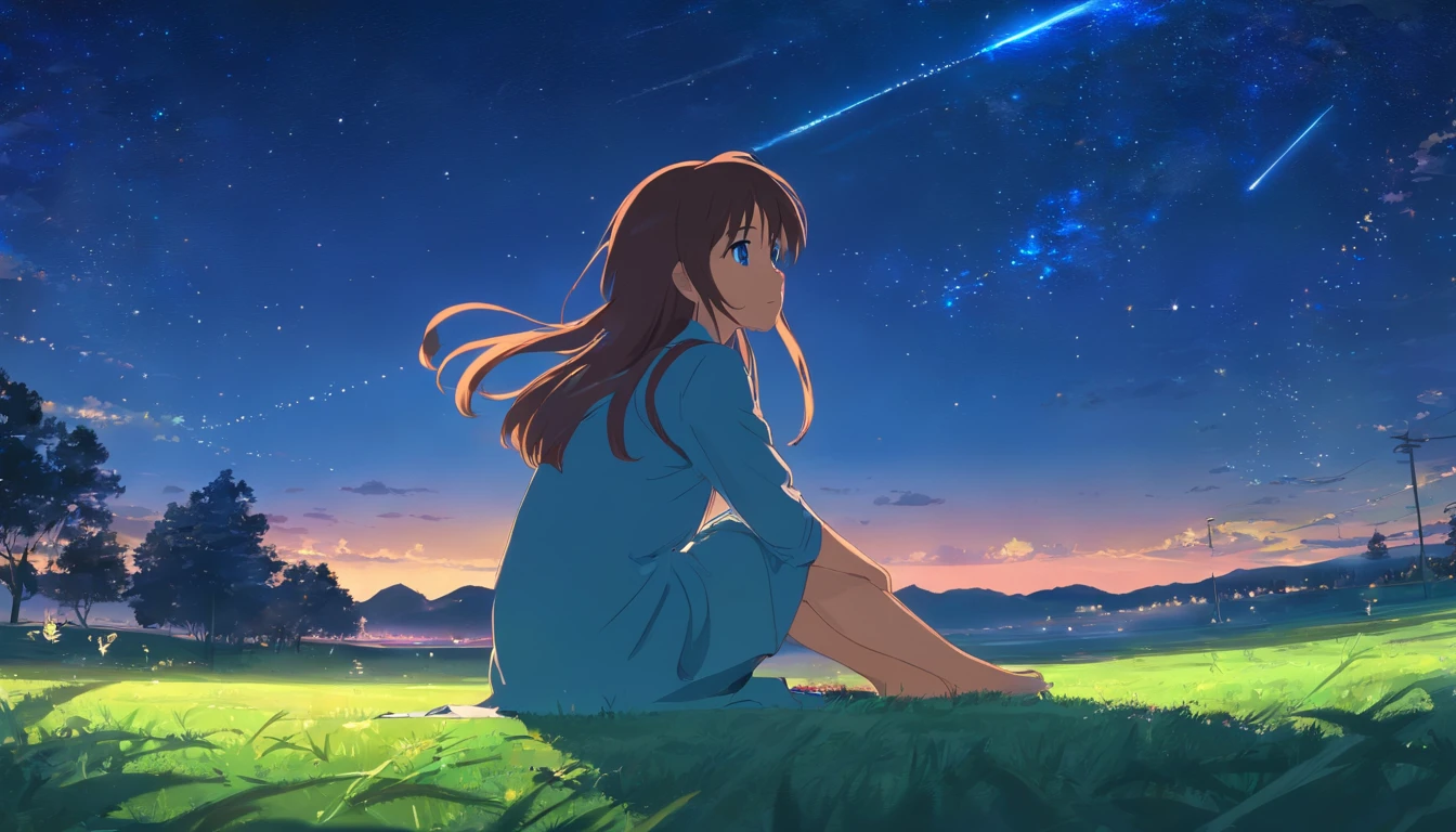 Girl with long hair，blue colored eyes，natta，Sit on the lawn，looking at the stars