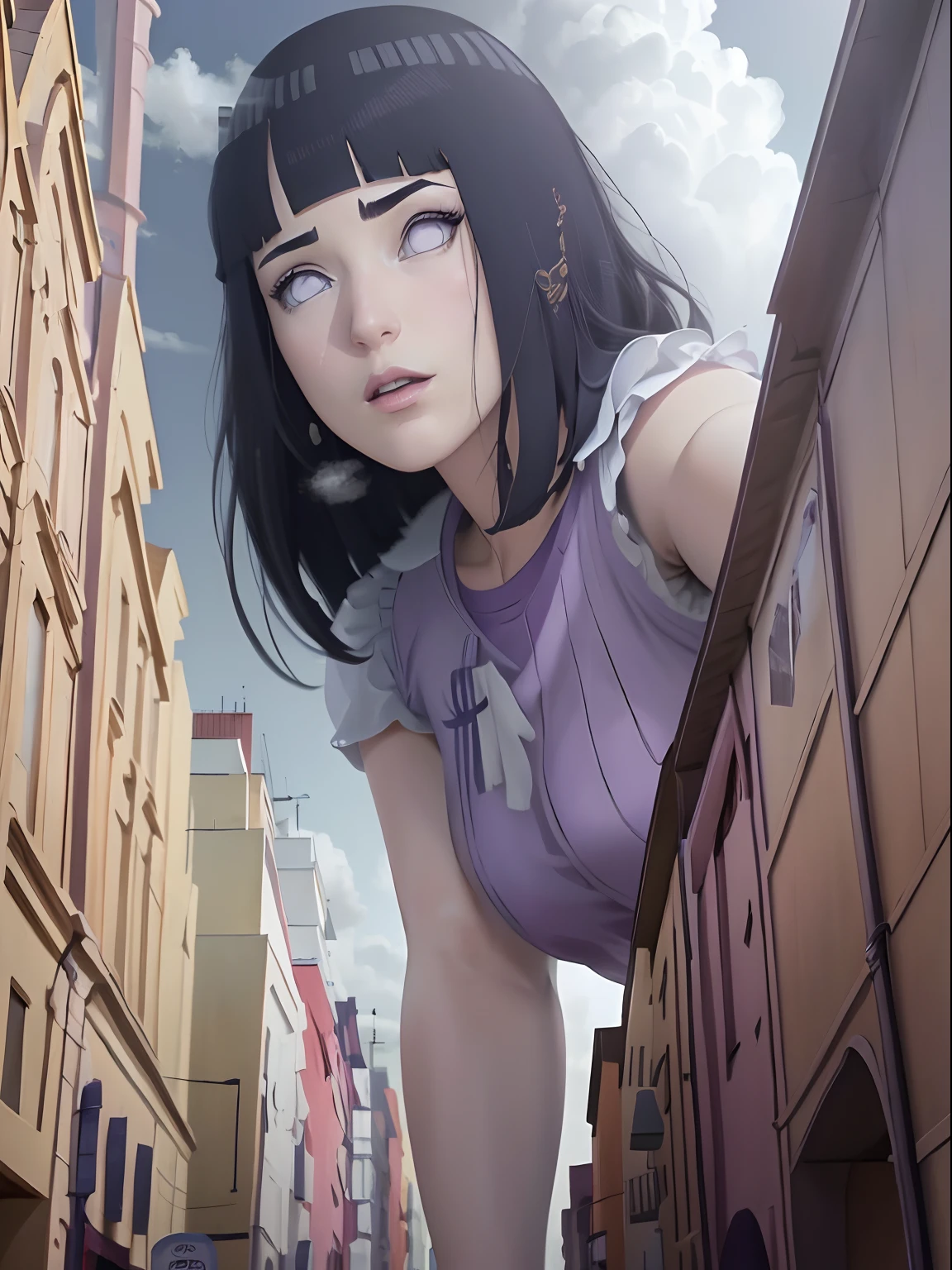 una giganta,gaze at the camera,Dibujo en perspectiva,Cabello sobre el pecho,Skysky,una giganta,Hinata Hyuga,Mini falda de cintura alta, Mirando al espectador, perfect composition, Labios detallados, Pecho grande, Cara hermosa, body propotion, sonrojarse, (labios rosados), Cabello largo, purple eyes, mirada suave, super-realistic, Detallado, photo session, Rostro y cuerpo realistas, escote