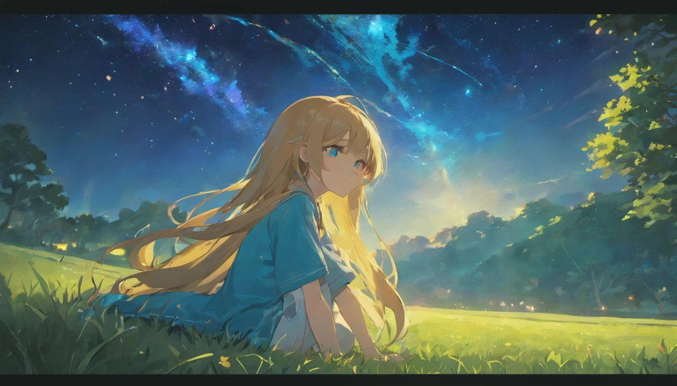 Girl with long hair,blue colored eyes,natta,Sit on the lawn,looking at the stars