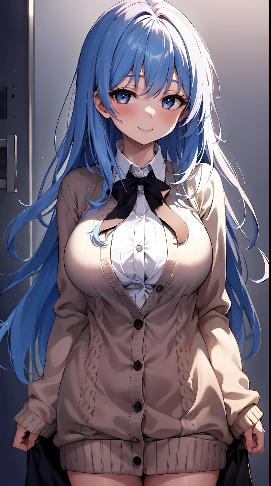 1girl,solo,large breasts, paizuri invitation,  no_bra,blush,sweater,  blue hair,very long hair, light smile, buttons,