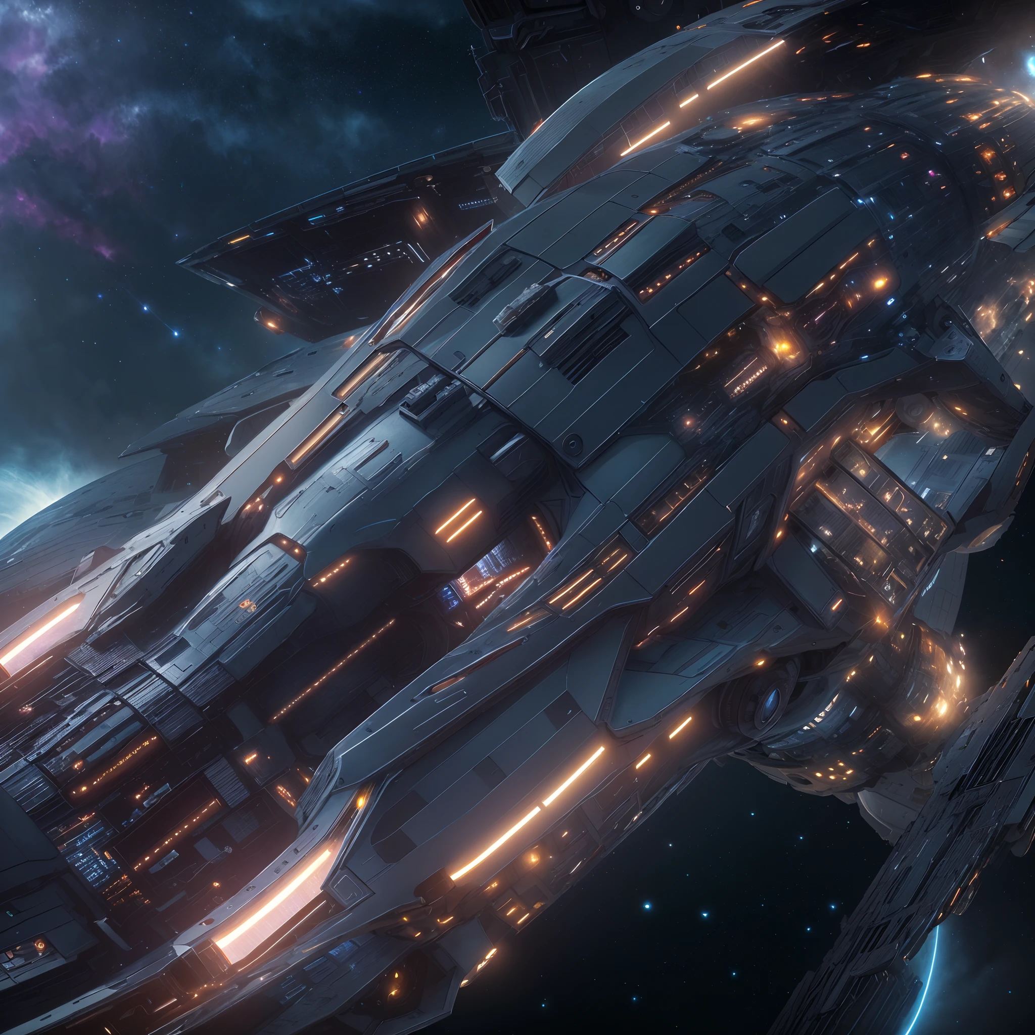 A huge spaceship,full bodyesbian，Solo，Spaceships in the Avengers，seen from outside，(multiple lighting sources:1.5),Detailed hull details,Cosmic galaxy background,Escaped spaceship,((Best quality)), ((Masterpiece)), (Epic composition:1.2), (unreal 5 render:1.1)