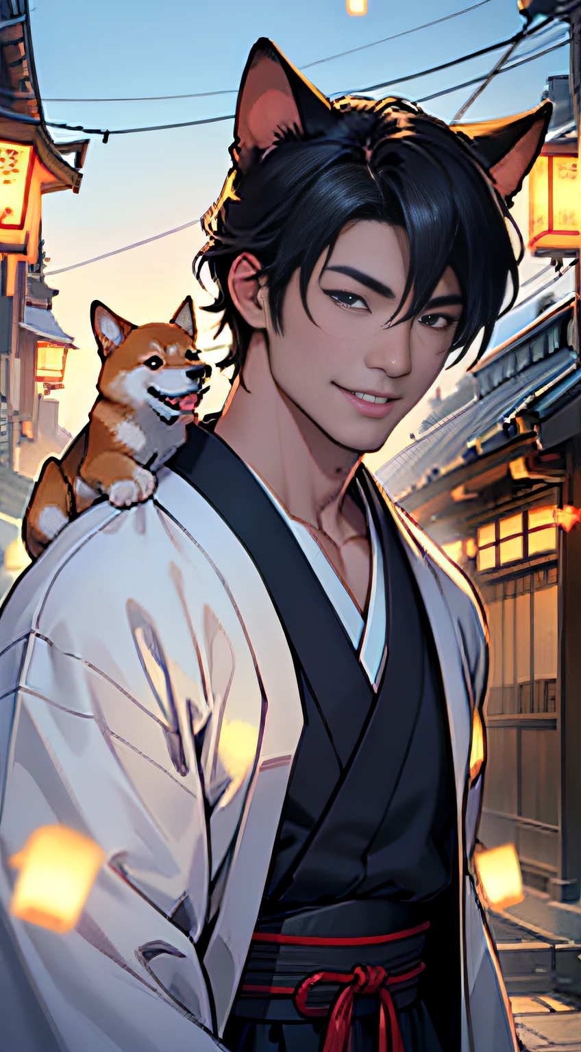 (Details of a very cute face), (Best Quality:1.4), 8K resolution, High resolution,, a handsome, Super handsome detailed face, dog ears、 inely detailed beautiful eyes, Fine skin texture, , Parted lips, Japanese, Kimono Fashion, Happy smile, Shiba Inu puppy, lead, Walking with a Shiba Inu puppy, shrines、evening、White lanterns