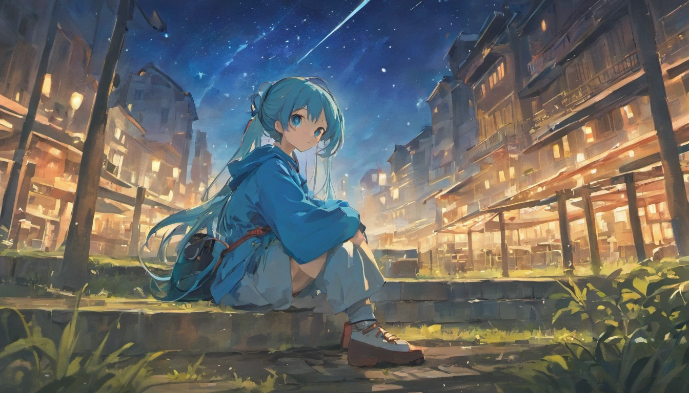 girl,dual horsetail,blue colored eyes,natta,Sit on the lawn,looking at the stars,urban street scene