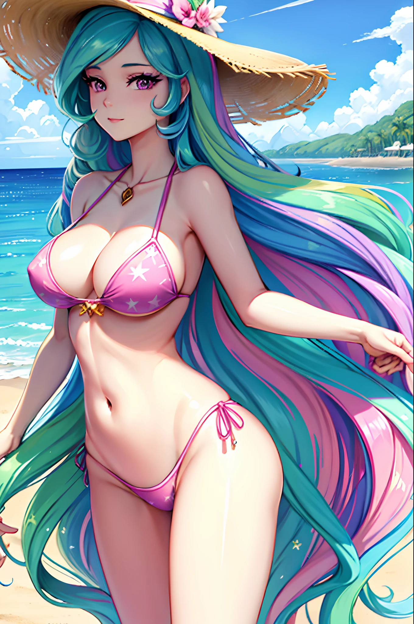 Princess Celestia, Princess Celestia from my little pony, Princess Celestia in the form of a girl, long hair, lush hair, big breasts, voluminous breasts, firm breasts, on the beach, in a swimsuit, pink swimsuit, on schizlong, in sunglasses, in a hat, volumetric shapes, best quality, very detailed, ultra 8k resolution