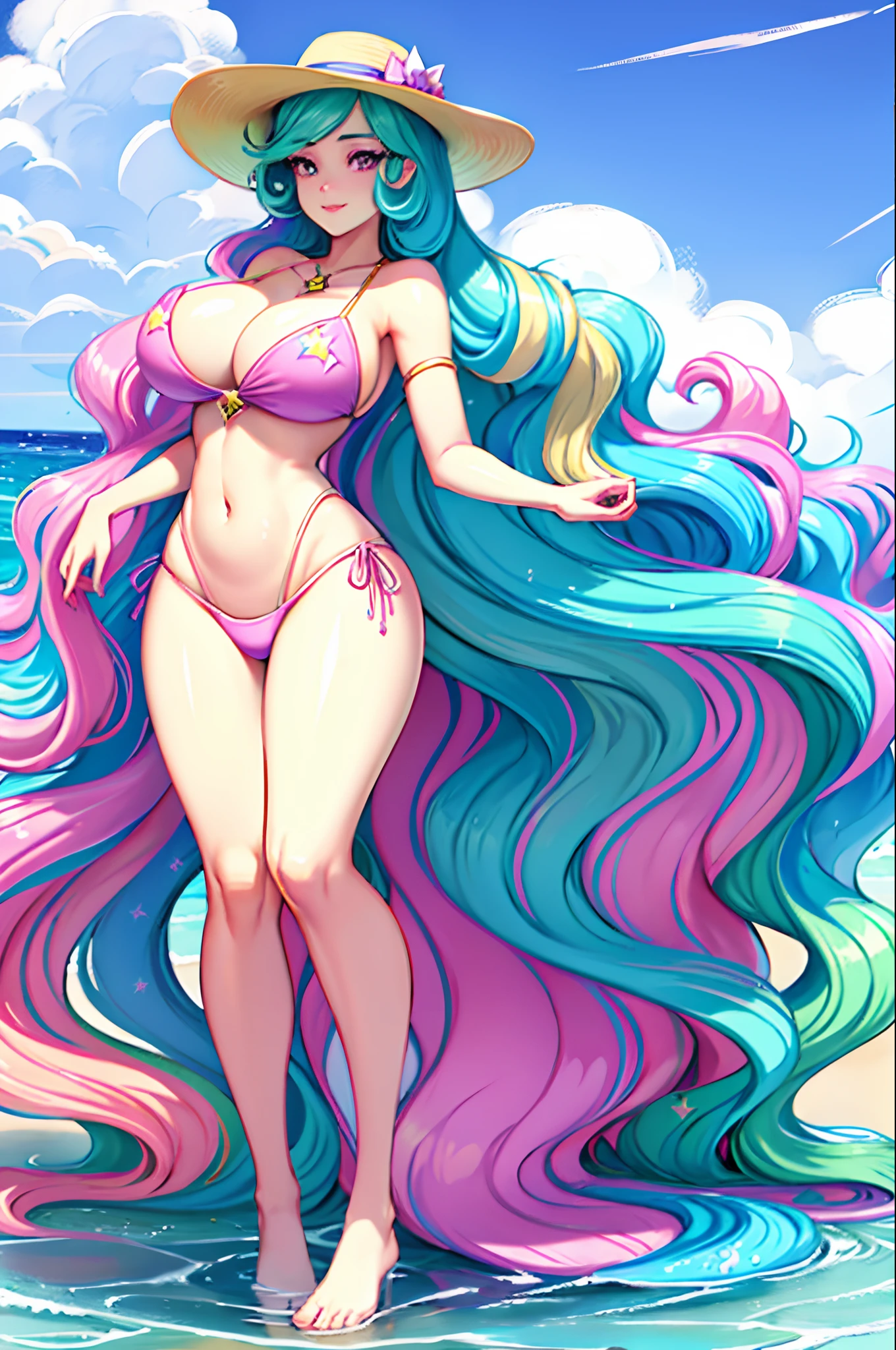 Princess Celestia, Princess Celestia from my little pony, Princess Celestia in the form of a girl, long hair, lush hair, big breasts, voluminous breasts, firm breasts, on the beach, in a swimsuit, pink swimsuit, on schizlong, in sunglasses, in a hat, volumetric shapes, best quality, very detailed, ultra 8k resolution