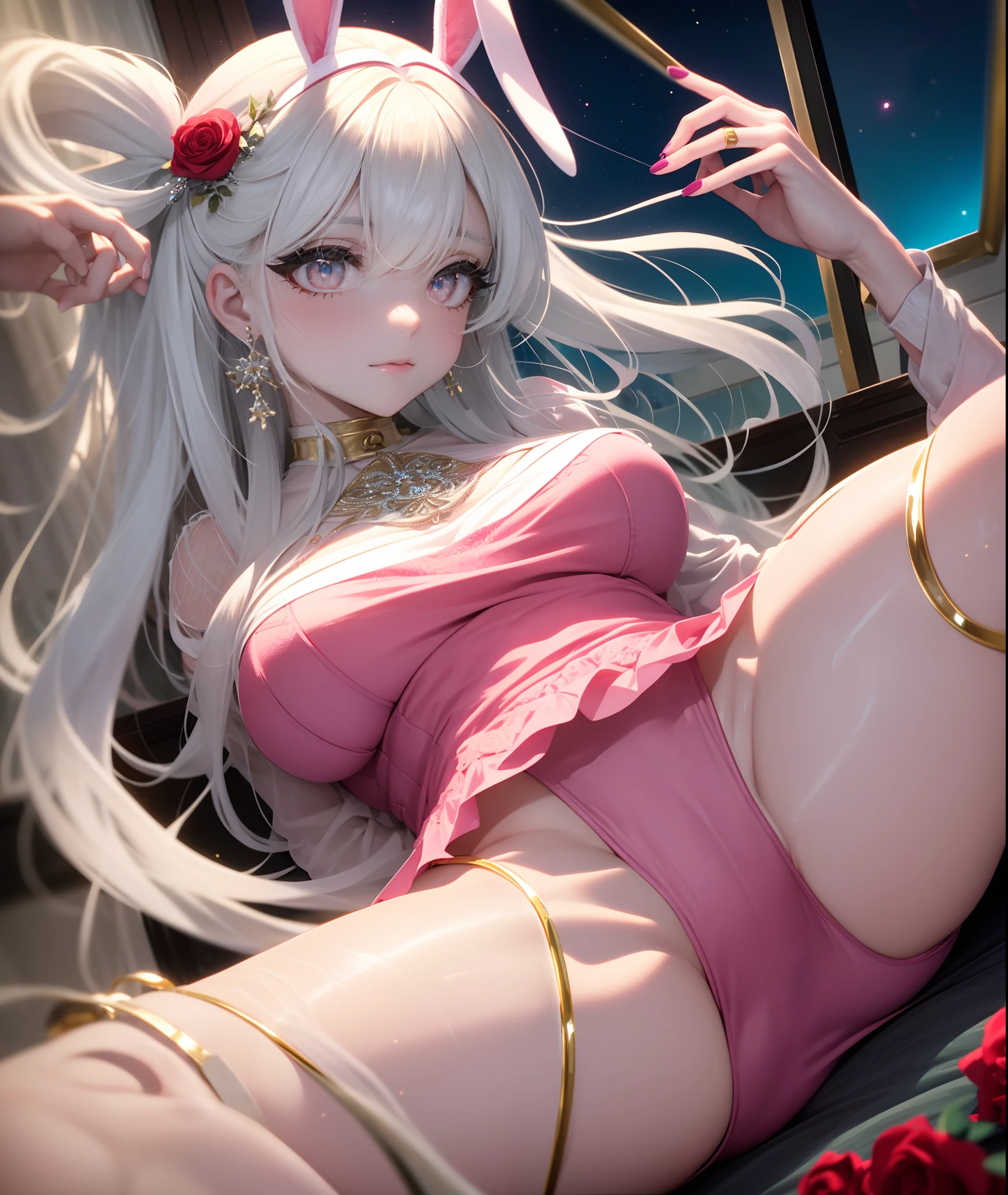 (best-quality:0.8), (best-quality:0.8), (highly detailed beautiful eyes and face), 1girl, small fluffy bunny ears, large red roses inside auricles of bunny ears, pink eyes, round eyes, parted lips, timid expression, swhite and pink dress, pastel tones clothes, thick multi-layered hair, long hair, silver white wavy hair, large breasts, very wide hips, thick body, thigh thighs, embroided stocking, cowboy shot, dinamic pose, pink nails, sharp black eyeliner, long eyelashes, raised eyebrows, curvy, indoors, living room, flower boutique, the night sky through the window is dark and starry, extremely detailed background, hair ornament, pastel tones, Kodak, detailed illustration, shiny hair, highly detailed dress, exquisite details, floating long hair, wavy clothes