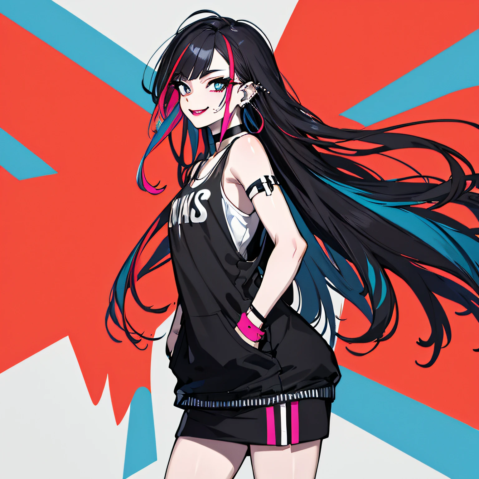 (absurdres, 8k, 4k, masterpiece, hyper extreme detailed:1.2), solo, 1girl, front view, perfect face, 1girl, portrait, expressive eyes, solo, standing, Female, perfect hands, pale skin, friendly, excited, punk rock, Long Hair, Multicolored Hair, black choker, black lipstick, Piercings, Ear Piercings, Lip Piercings, Nose Piercings, small Bust, smile, street clothing,  half body, perfect anatomy, hands in pockets, graphic t-skirt, anatomically correct, cowboy shot, no background, empty background, arms behind back, covered chest, white background, exposed shoulder,
