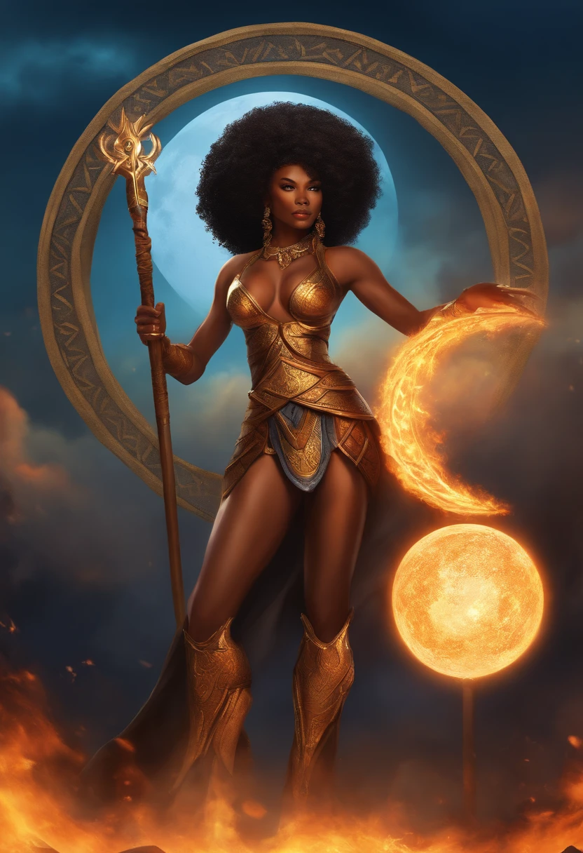 african american woman, dynamic pose, sexy, styalized anime art, mature anime art style, set in dragons dogma universe, is a mage, holding her staff, diffrent dynamic poses, african american woman in front of a sun and moon, mature anime art style, detailed digital anime art, stunning digital illustration, styalized anime art style, bikini warrior, revealing armor, woman with a tight body, beautiful hentai art, fire floats around her, epic mage woman character, dark skinned, styalized, Elders scrolls Video Game Series, Redguard woman, afrocentric hair styles, black womans hair, she is casting a spell, goddess of flame magic.