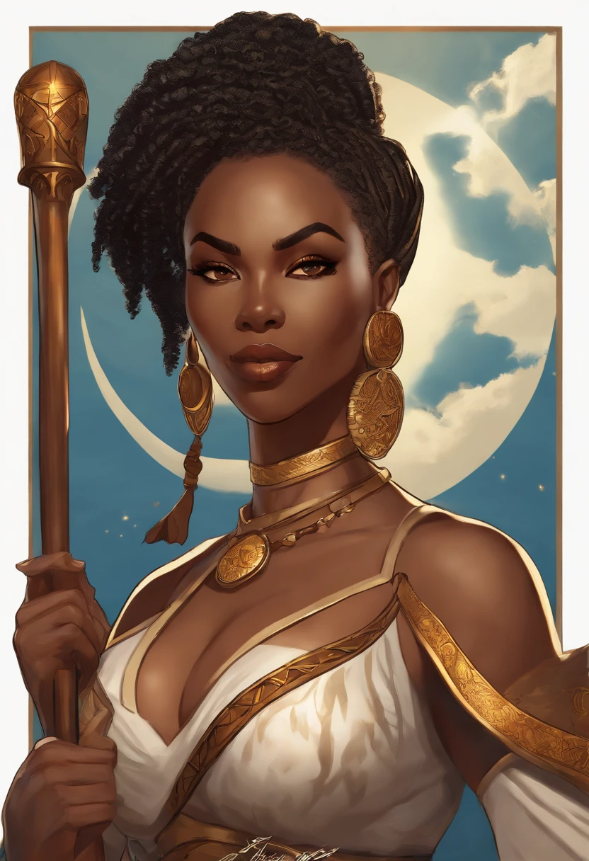 african american woman, dynamic pose, sexy, styalized anime art, mature anime art style, set in dragons dogma universe, is a mage, holding her staff, diffrent dynamic poses, african american woman in front of a sun and moon, mature anime art style, detailed digital anime art, stunning digital illustration, styalized anime art style, bikini warrior, revealing armor, woman with a tight body, beautiful hentai art, fire floats around her, epic mage woman character, dark skinned, styalized, Elders scrolls Video Game Series, Redguard woman, afrocentric hair styles, black womans hair, she is casting a spell, goddess of flame magic.