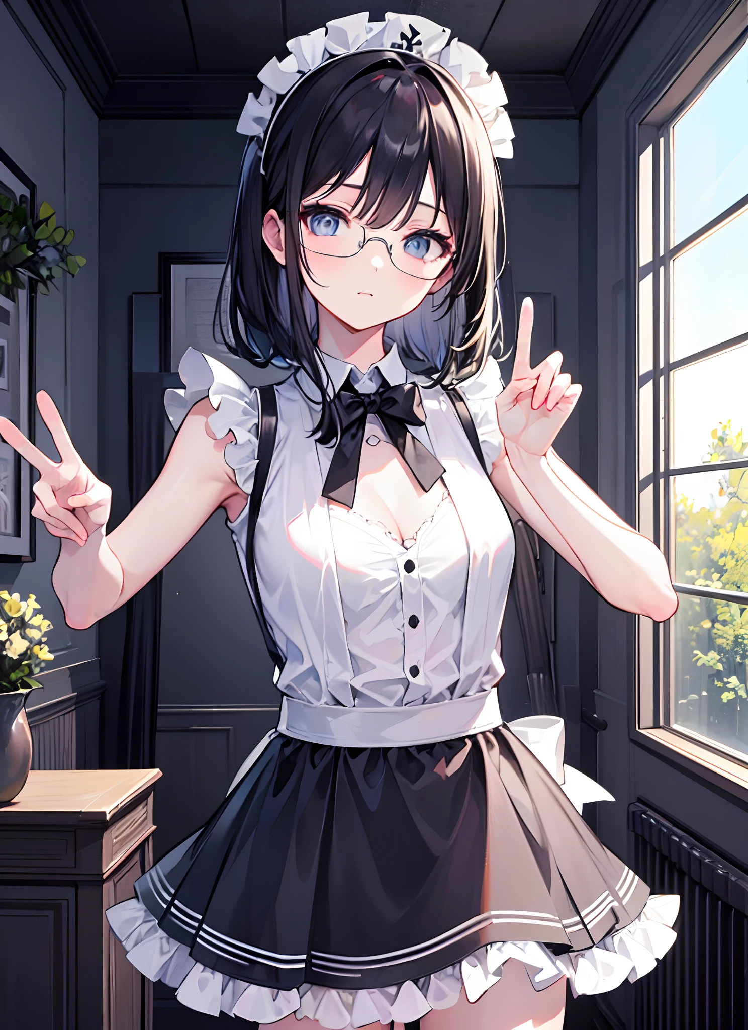 masterpiece, best quality, 1girl, beautiful body, indoor, room, black and white maid outfit, glasses, medium short body,, beautiful pose, sleeveless, peace, slightly unbuttoned