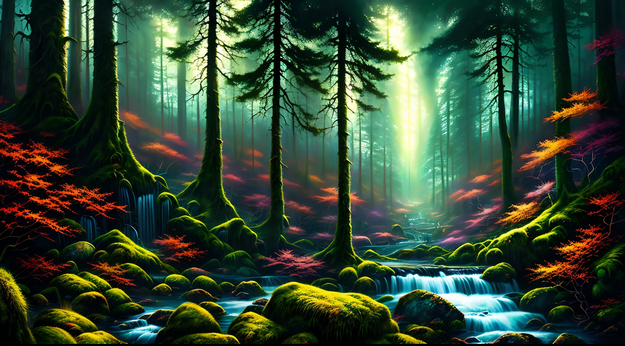 (masterpiece, maximum quality), stunning illustration in the style of "Brian Frode", slow close-ups, saturated with dark colors, surrounded by endless nature, hidden in the depths of a dark forest.