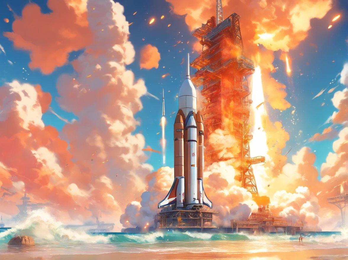 a rocket launchpad by the seaside, sandy beach, crashing waves, clear blue skies, powerful rocket engines, astronauts preparing for launch, space mission, excitement and anticipation, detailed spaceship, steam or smoke rising from rocket, spectacular view, liftoff, surreal atmosphere, high-res image quality, vibrant colors, dynamic lighting