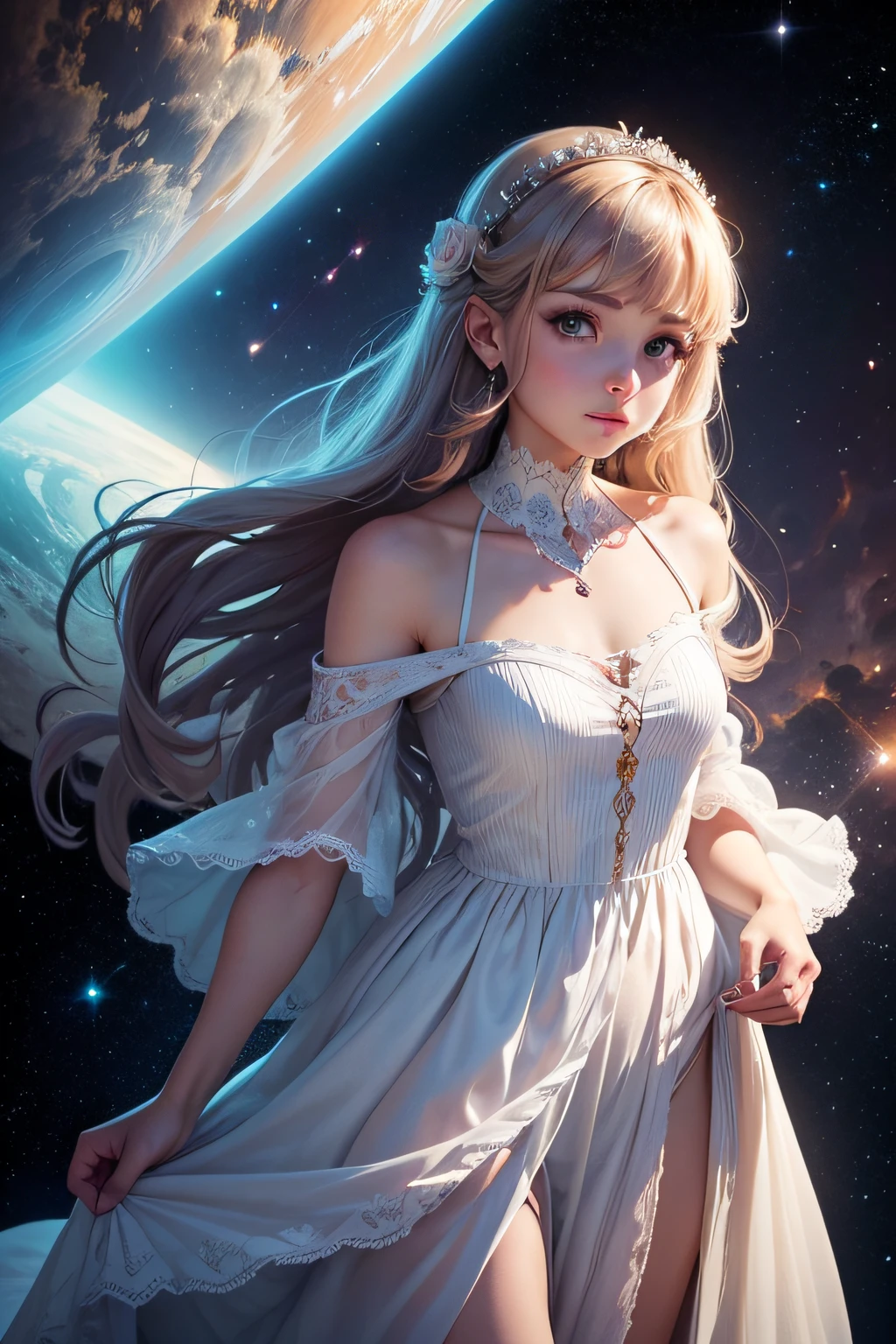 A beautiful girl in a dress in a vast universe