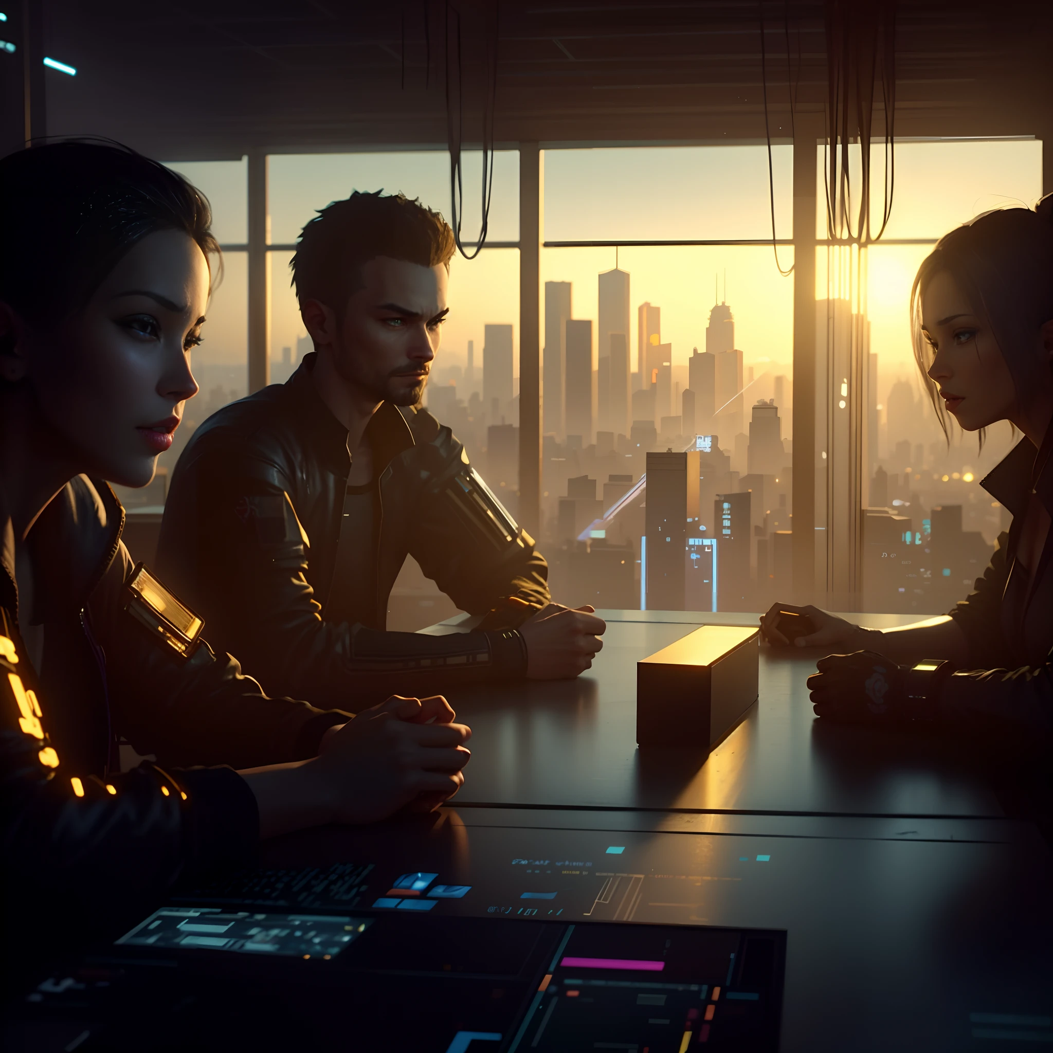 three people sitting at a table in a dark room with a city view, depicted as a scifi scene, in cyberpunk 2 0 7 7 cp 2 0 7 7, in cyberpunk 2077, (cyberpunk 2077), 2020 video game screenshot, cyberpunk lighting, beautiful and cinematic lighting, cyberpunk 2077”, detailed cinematic render, cinematic rendering
