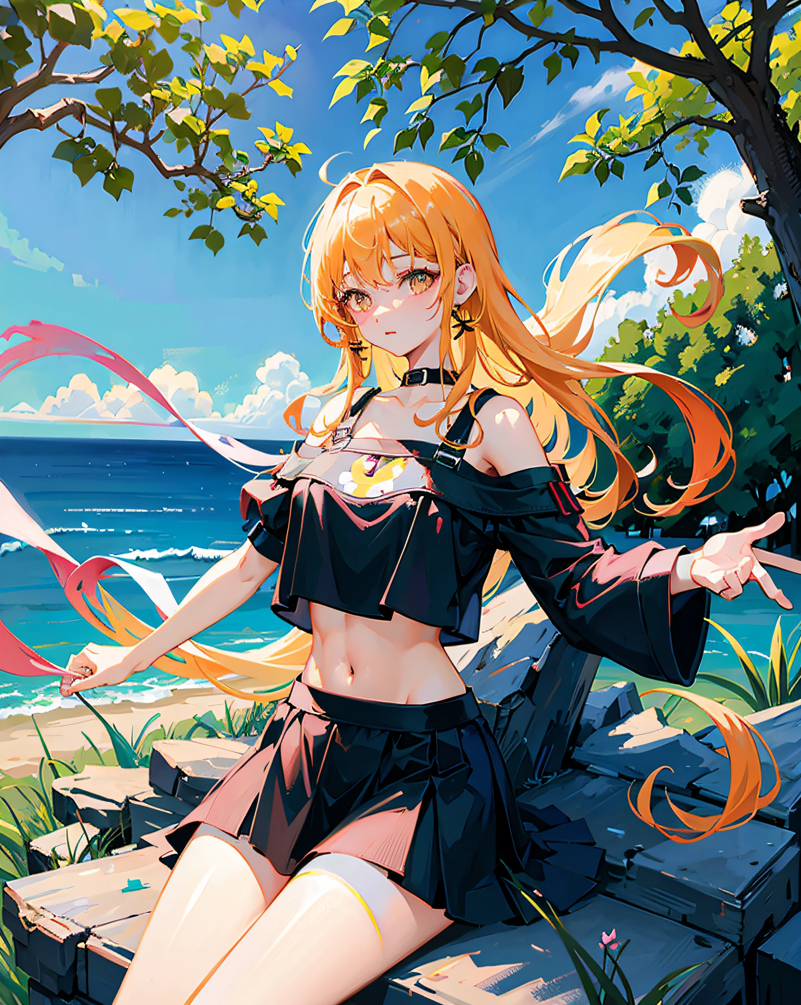 (Realistic painting style:1.0), Masterpiece, Best quality, absurderes, comic strip, illustration,
1 girl, long hair, cute girl, young and cute girl, Korean girl, {Breasts}, hana,
a girl sitting on a rock near a tree in a black dress, wearing a sexy cropped top, wearing crop top and miniskirt, black top, wearing a black cropped tank top, black skirt, a black chocker,