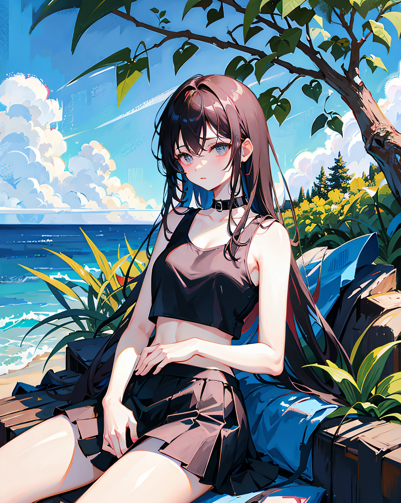 (Realistic painting style:1.0), Masterpiece, Best quality, absurderes, comic strip, illustration,
1 girl, long hair, cute girl, young and cute girl, Korean girl, {Breasts}, hana,
a girl sitting on a rock near a tree in a black dress, wearing a sexy cropped top, wearing crop top and miniskirt, black top, wearing a black cropped tank top, black skirt, a black chocker,