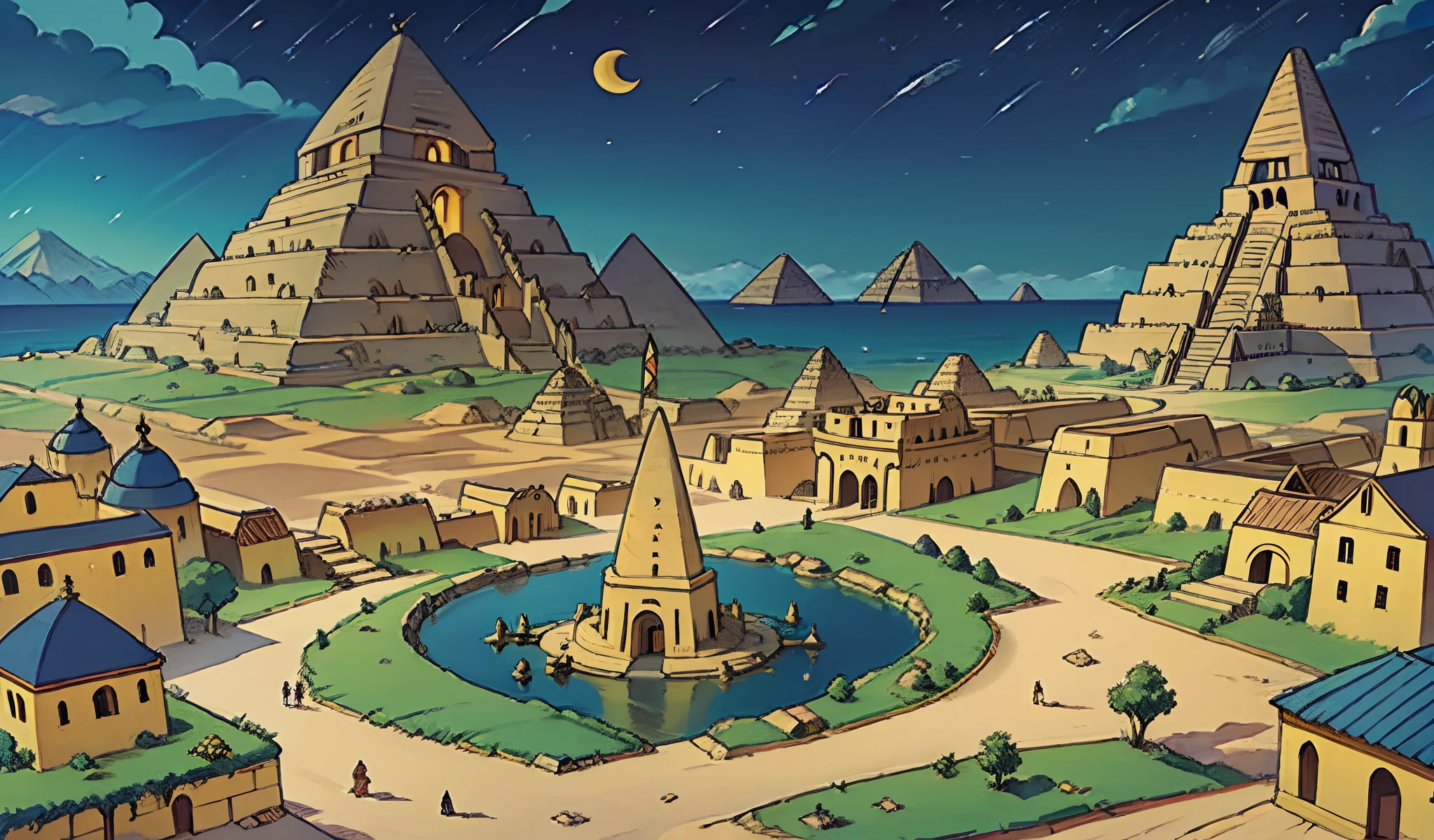 masterpiece, zigurat, egypt style, Maya, Inca, Asteka, mysterios town, wizard tower, magic realm, city map, rpg city,  bird's-eye view, far away view, distant stand point, distant view