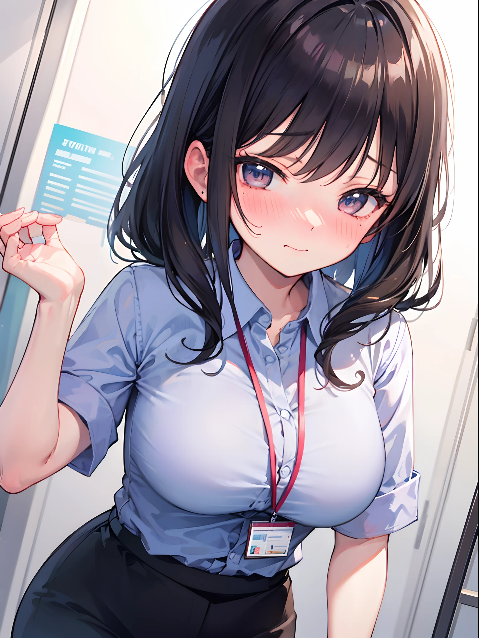 blushing, nose blush, >.< face, embarassed, mature woman, office worker, large breasts,