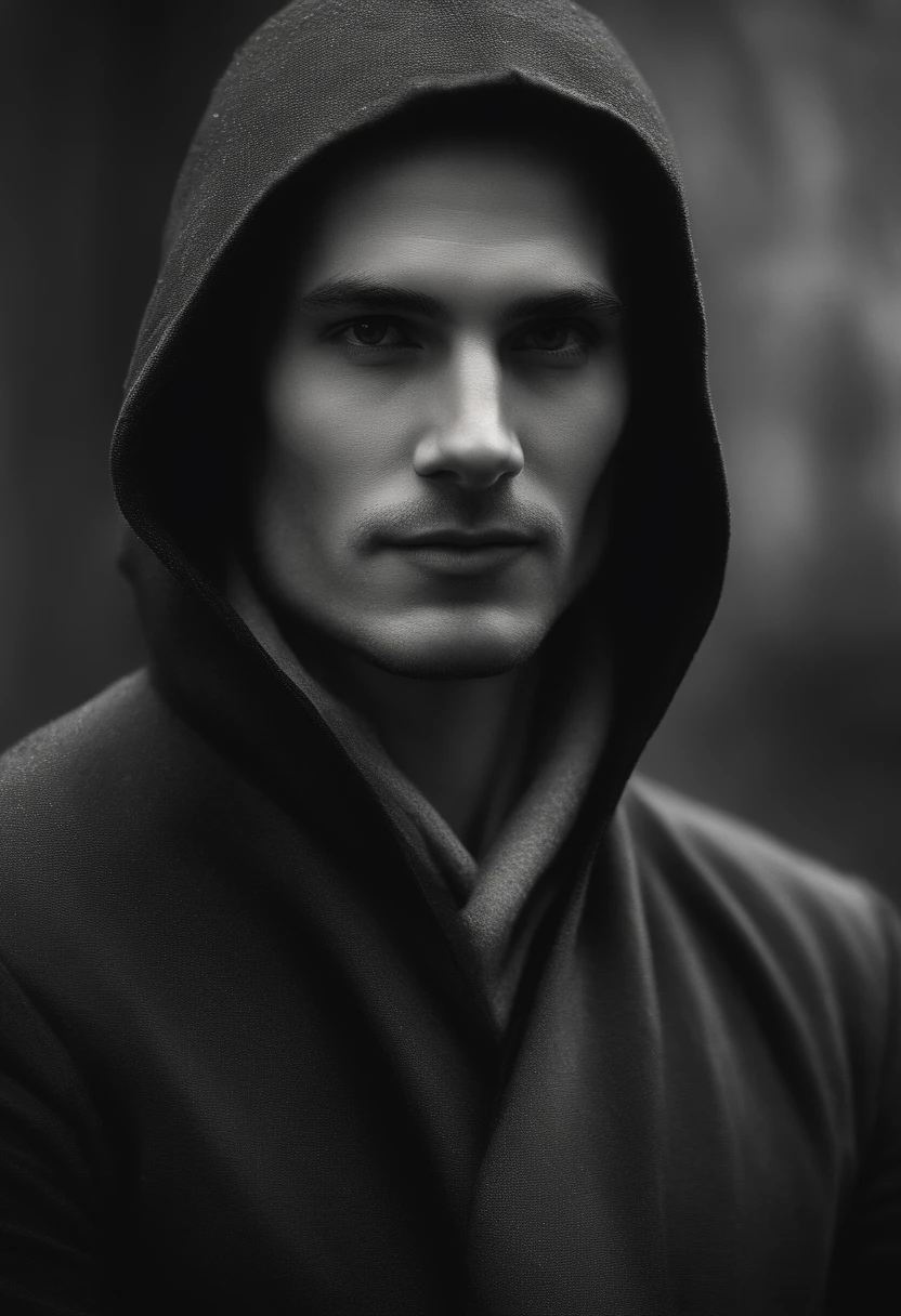 A 32-year-old male character without a beard ,in black clothes, Dirty, durable boot, Would/at the pants, waistcoat, She wore a black overcoat with a hood, covering their heads;, Sheet Mask, covering his face. On White Background
