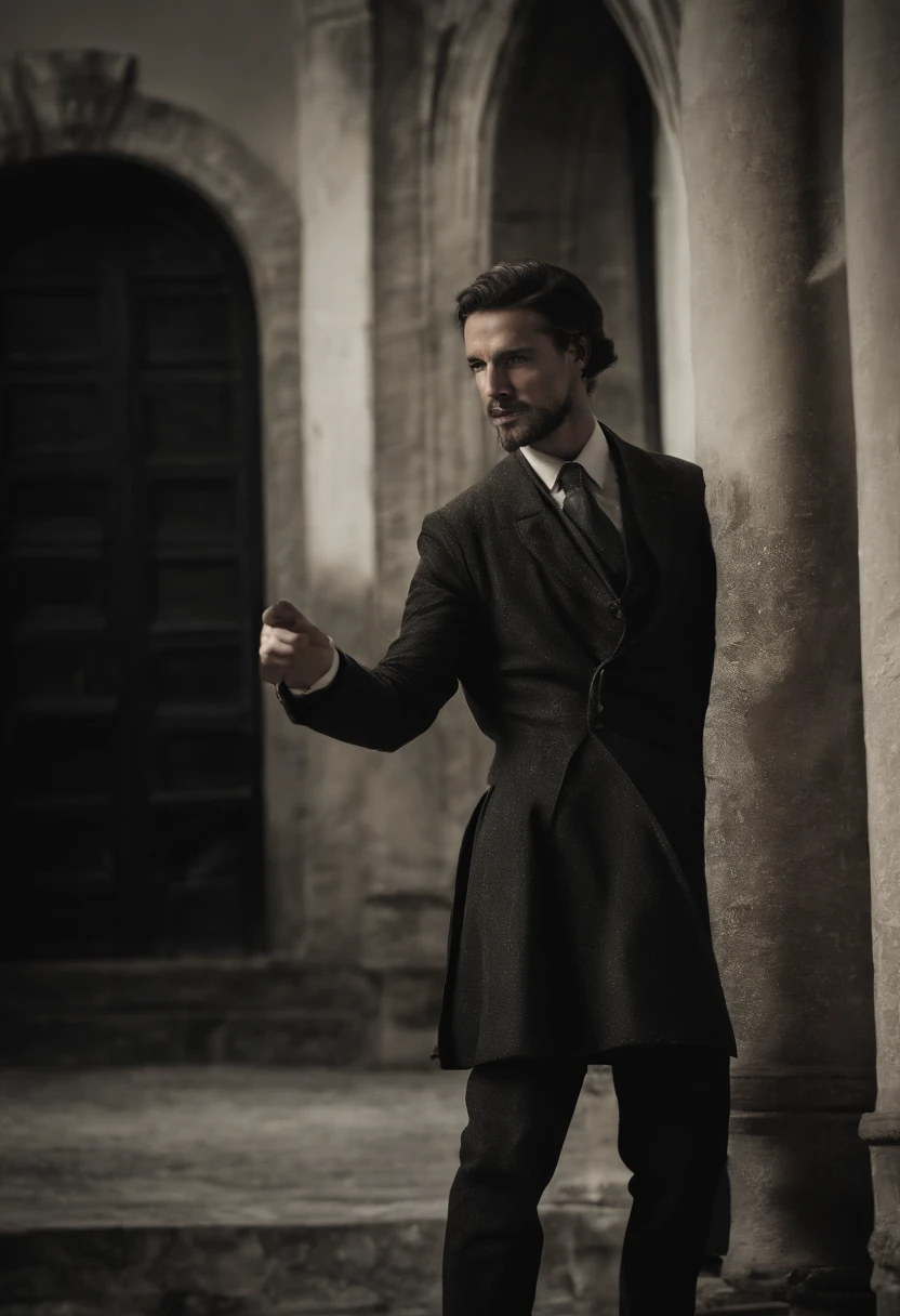 A 32-year-old male character without a beard ,in black clothes, Dirty, durable boot, Would/at the pants, waistcoat, She wore a black overcoat with a hood, covering their heads;, Sheet Mask, covering his face. On White Background