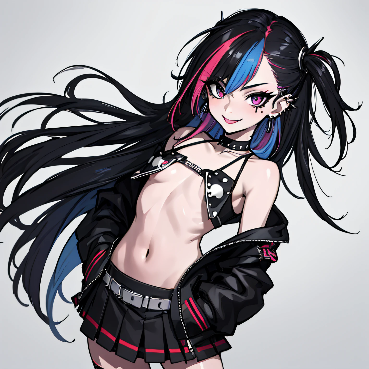 (absurdres, 8k, 4k, masterpiece, hyper extreme detailed:1.2), solo, 1girl, front view, perfect face, 1girl, portrait, expressive eyes, solo, standing, Female, perfect hands, pale skin, friendly, excited, punk rock, Long Hair, Multicolored Hair, black choker, black lipstick, Piercings, Ear Piercings, Lip Piercings, Nose Piercings, small Bust, smile, street clothing,  half body, perfect anatomy, hands in pockets, graphic t-skirt, anatomically correct, cowboy shot, no background, empty background, arms behind back, covered chest, white background, exposed shoulder,
