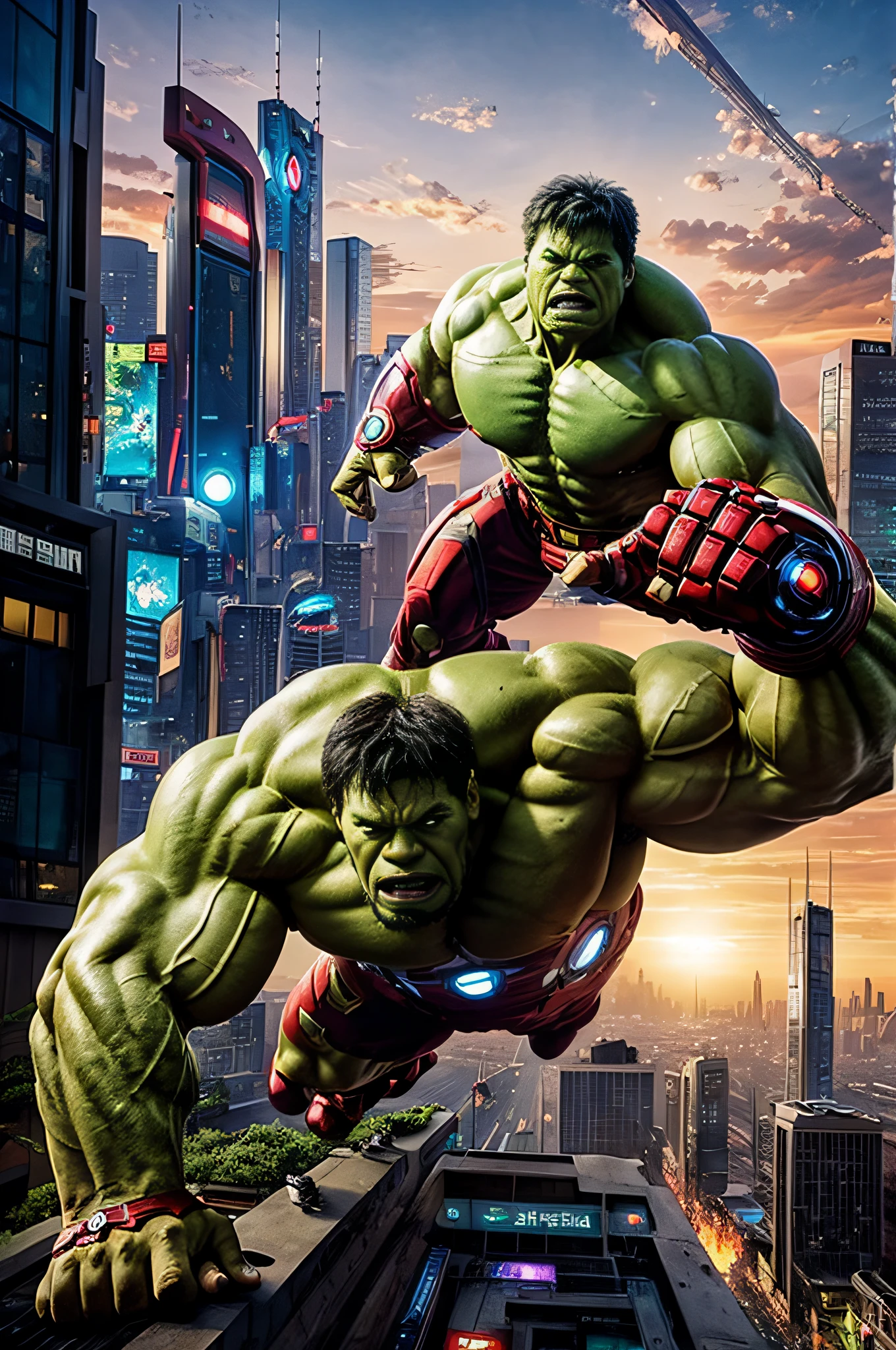 Crossover of The Hulk and Ironman, cyberpunk town in the background