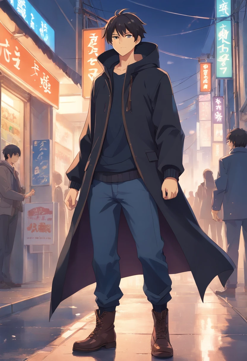 A 32-year-old male character without a beard ,in black clothes, Dirty, durable boot, Would/at the pants, waistcoat, She wore a black overcoat with a hood, covering their heads;, Sheet Mask, covering his face. On White Background