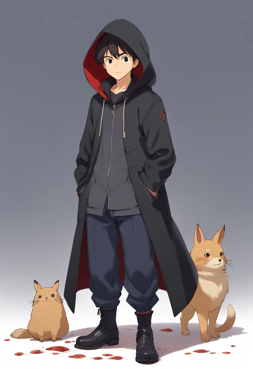 A 32-year-old male character without a beard ,in black clothes, Dirty, durable boot, Would/at the pants, waistcoat, She wore a black overcoat with a hood, covering their heads;, Sheet Mask, covering his face. On White Background