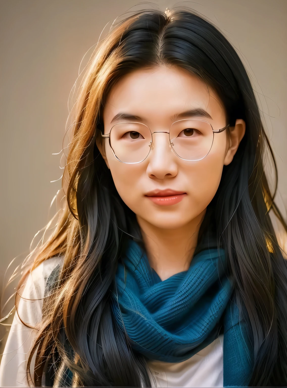 Close-up of a woman wearing glasses and a scarf, A young Asian woman, Korean woman, Korean girl, young lovely Korean faces, wenfei ye, Gorgeous young Korean woman, jaeyeon nam, Young Asian girl, Young Asian woman, With glasses, young cute wan asian face, Beautiful young Korean woman, wearing small round glasses, Li Zixin, high quality portrait