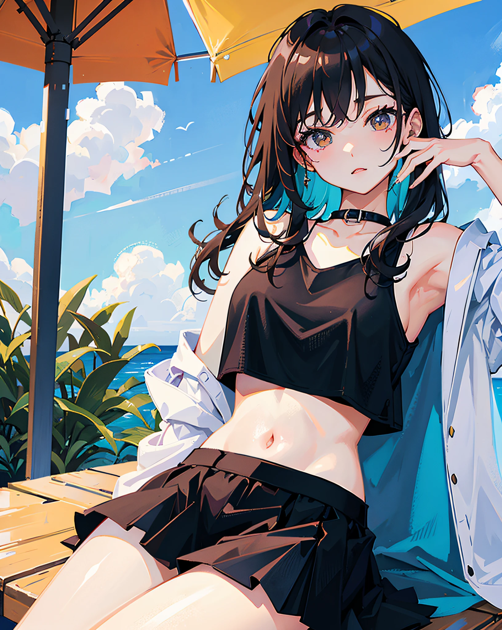 (Realistic painting style:1.0), Masterpiece, Best quality, absurderes, comic strip, illustration,
1 girl, long hair, cute girl, young and cute girl, Korean girl, {Breasts}, hana,
a girl sitting on a rock near a tree in a black dress, wearing a sexy cropped top, wearing crop top and miniskirt, black top, wearing a black cropped tank top, black skirt, a black chocker,