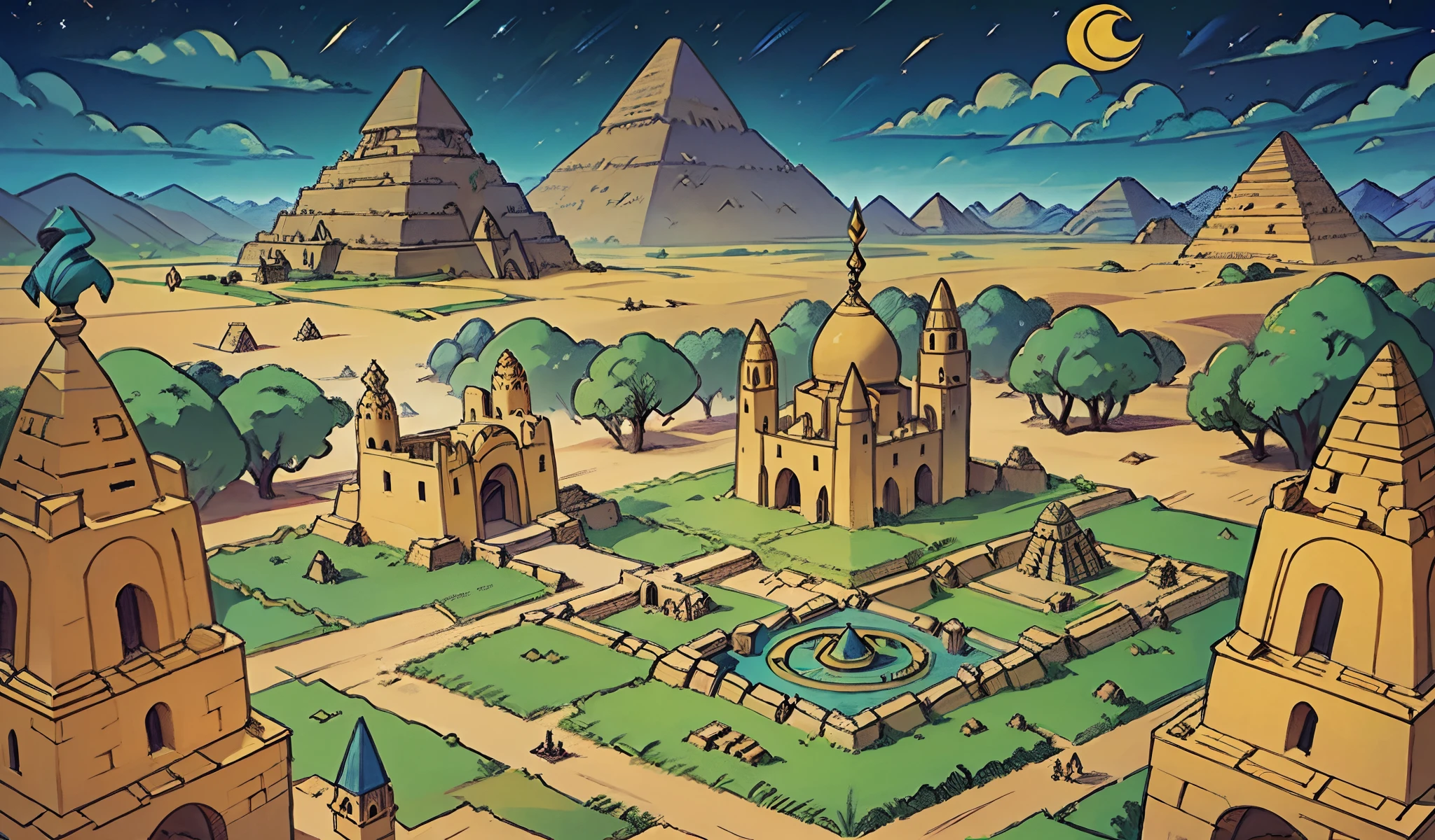 masterpiece, zigurat, egypt style, Maya, Inca, Asteka, mysterios town, wizard tower, magic realm, city map, rpg city, bird's-eye view, far away view, distant stand point, distant view
